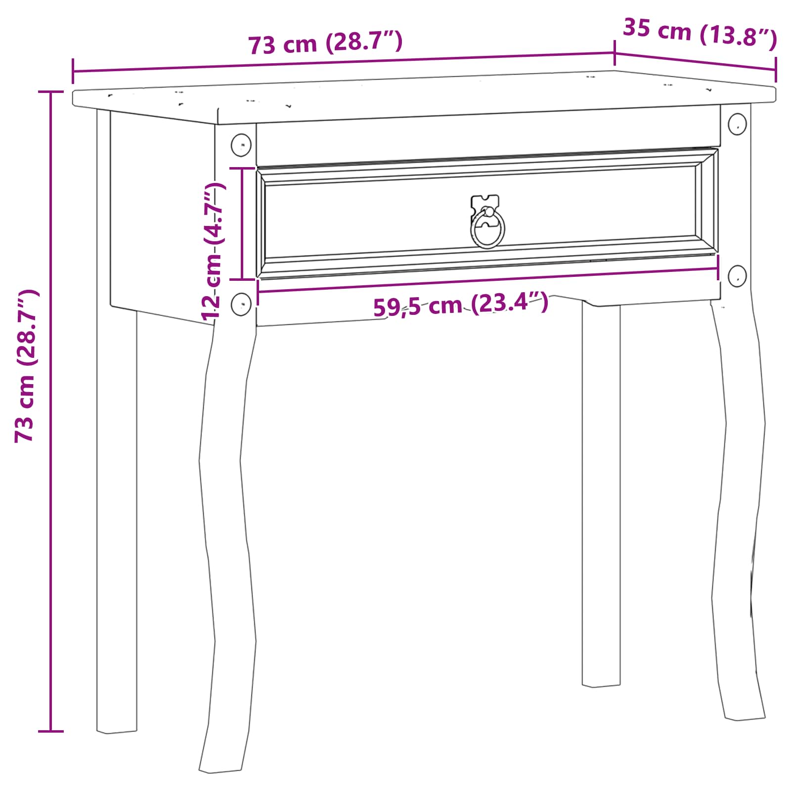 Mesa consola con cajón 73 x 35 x 73 cm Madera de pino macizo