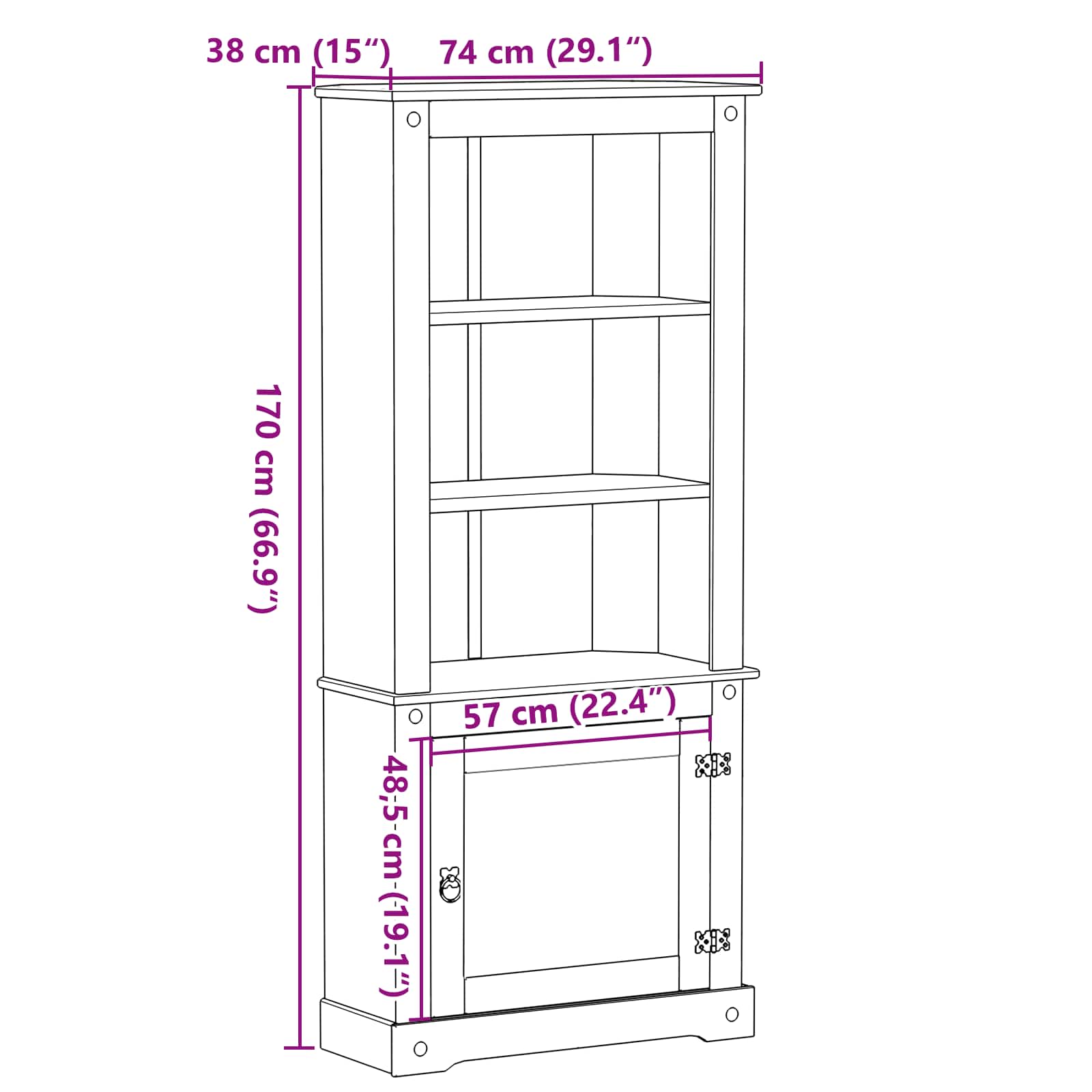 Aparador alto 74 x 38 x 170 cm Madera de pino macizo