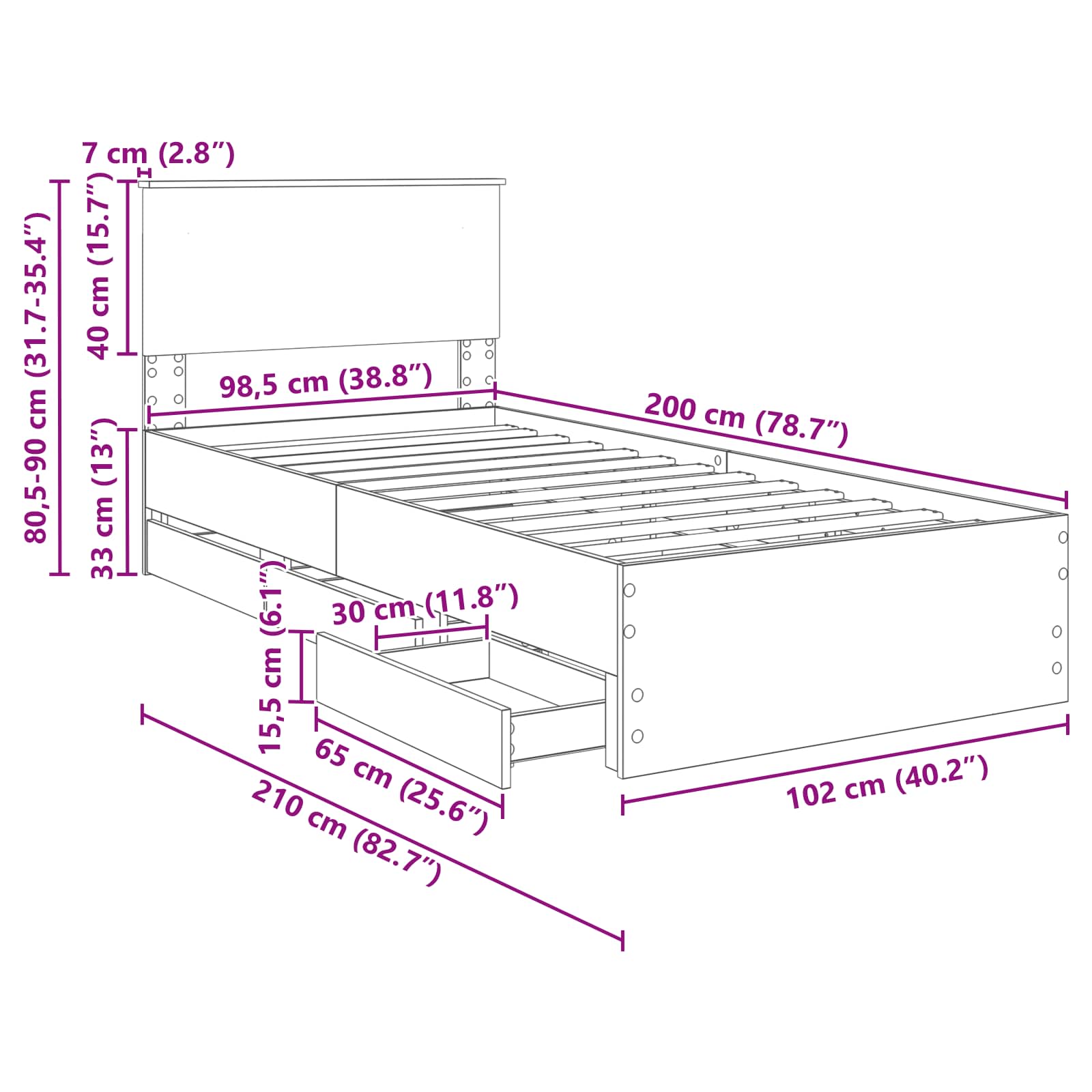 Estructura de cama con cajón 100 x 200 cm Madera Ingenieril