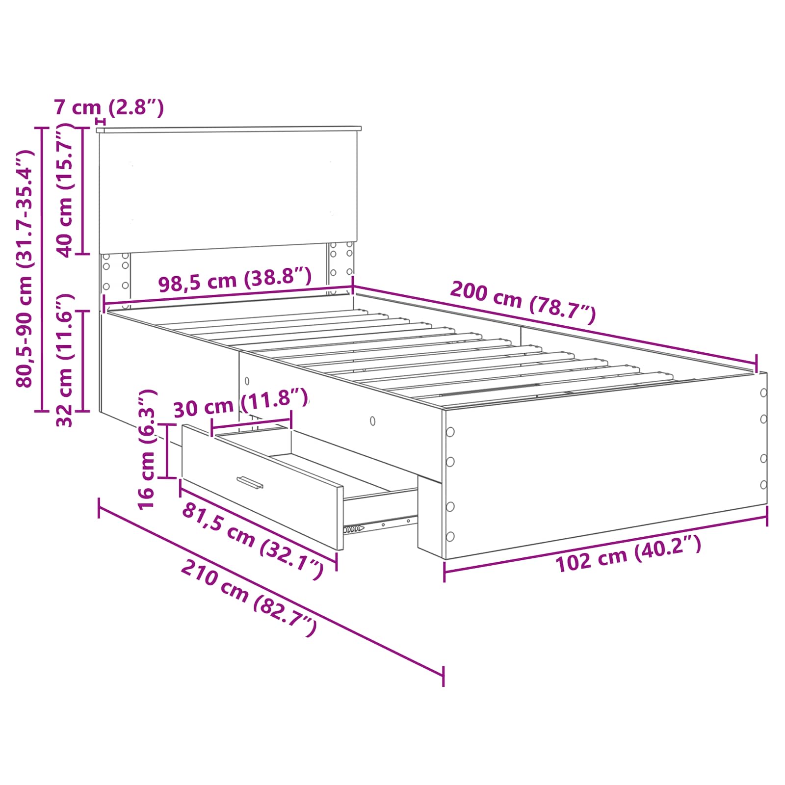Estructura de cama con cabecera Gris Concreto 100 x 200 cm