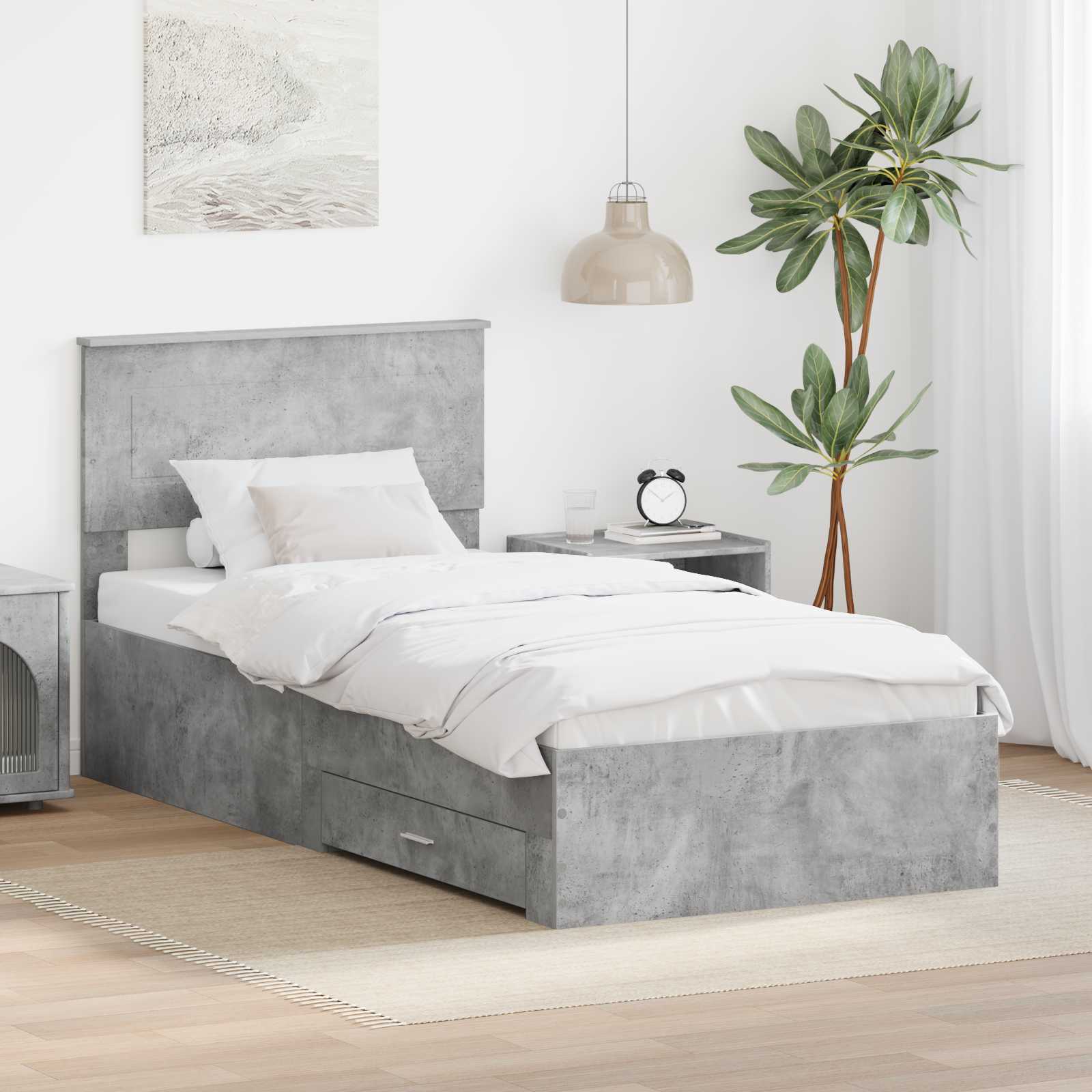 Estrutura de Cama com Cabeceira Cinzento Betão 100 x 200 cm