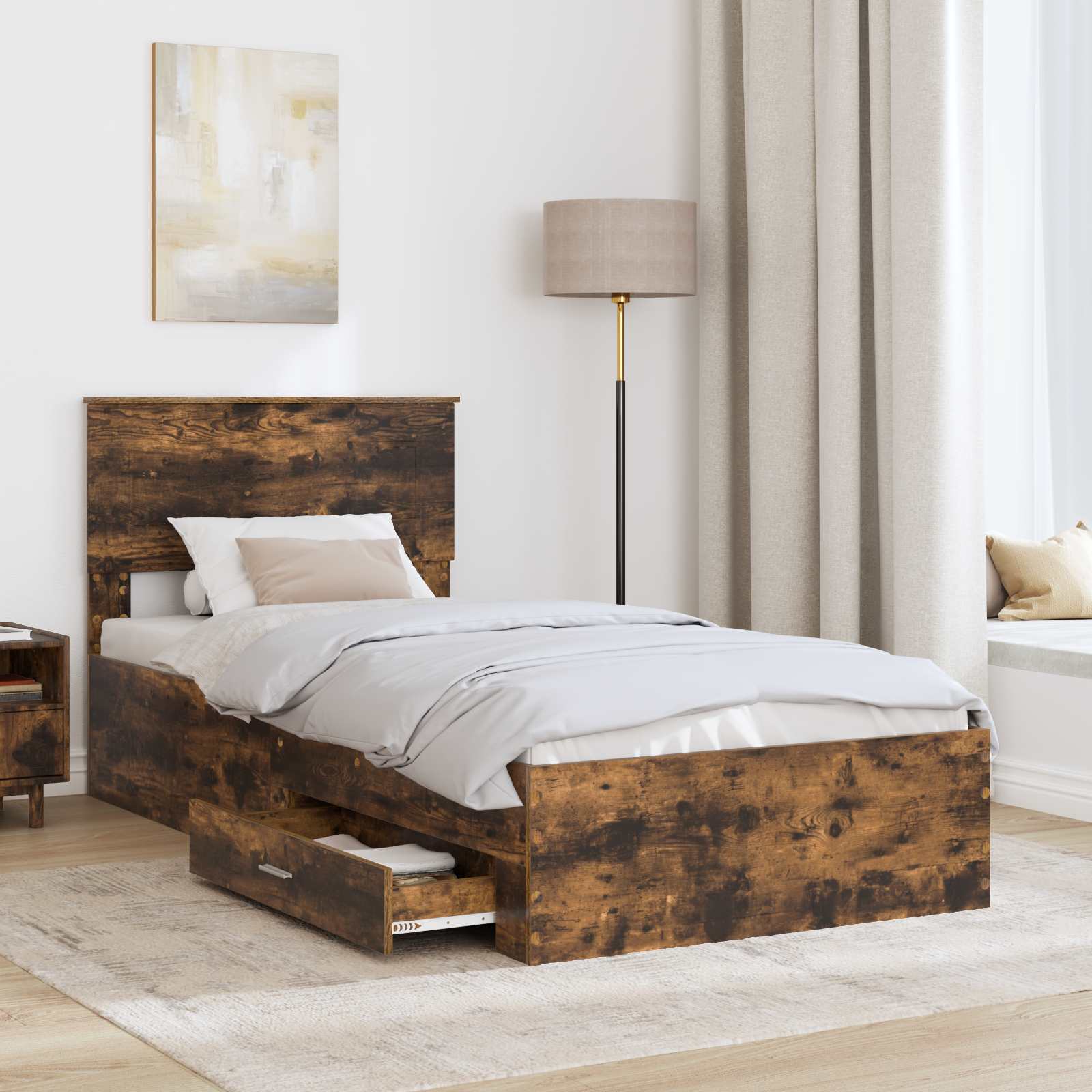 Estructura de cama con cajón Roble Ahumado y Plata 75 x 190 cm