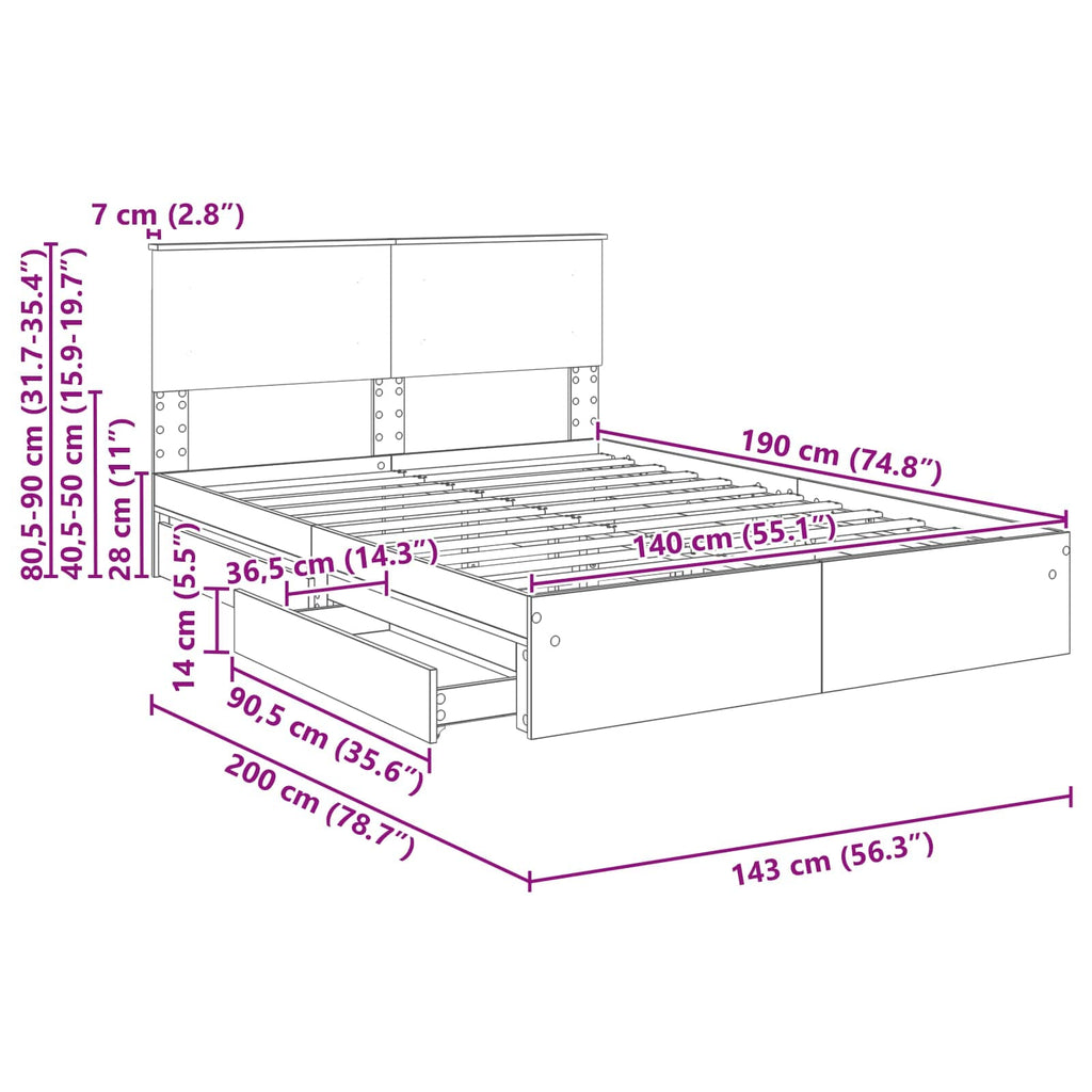 Cama con almacenamiento 140 x 190 cm Madera de ingeniería