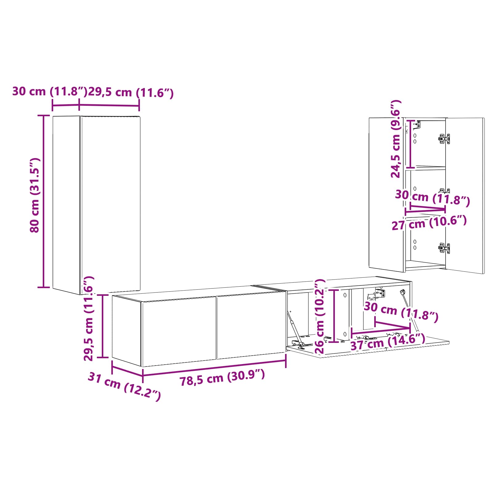 Conjunto de mueble para TV de pared 4 pcs brillante