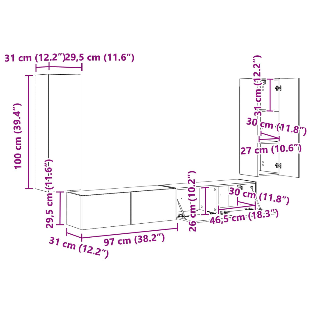 Conjunto de mueble para TV de pared 4 pcs 29,5 x 31 x 100 cm