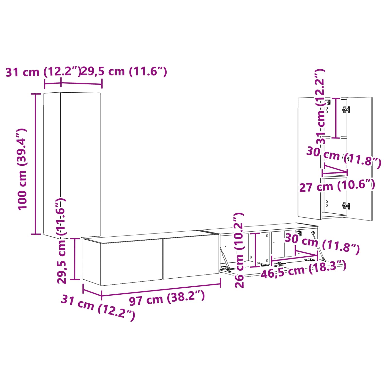 Conjunto de mueble para TV de pared 4 pcs 29,5 x 31 x 100 cm
