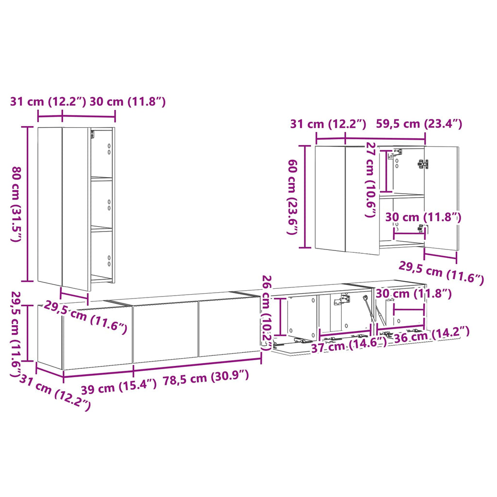 Conjunto de mueble para TV de pared 6 pcs brillante
