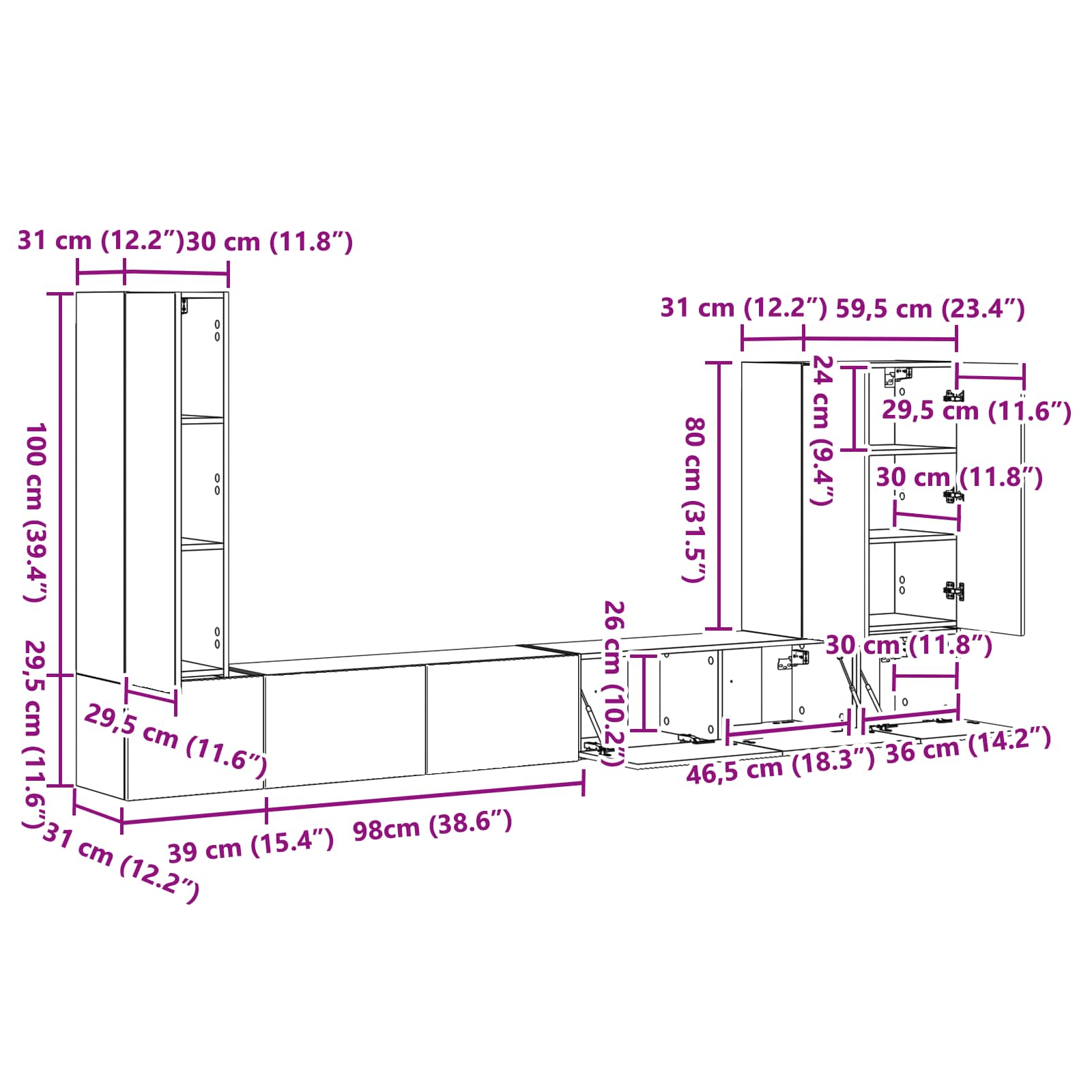 Conjunto de mueble para TV de pared 6 pcs brillante