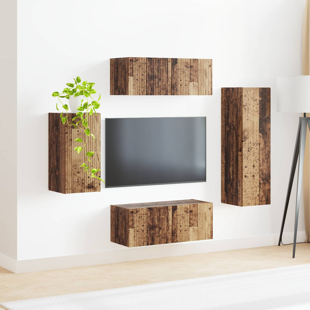 Conjunto de mueble de TV Montaje en la pared 4 pcs Madera vieja