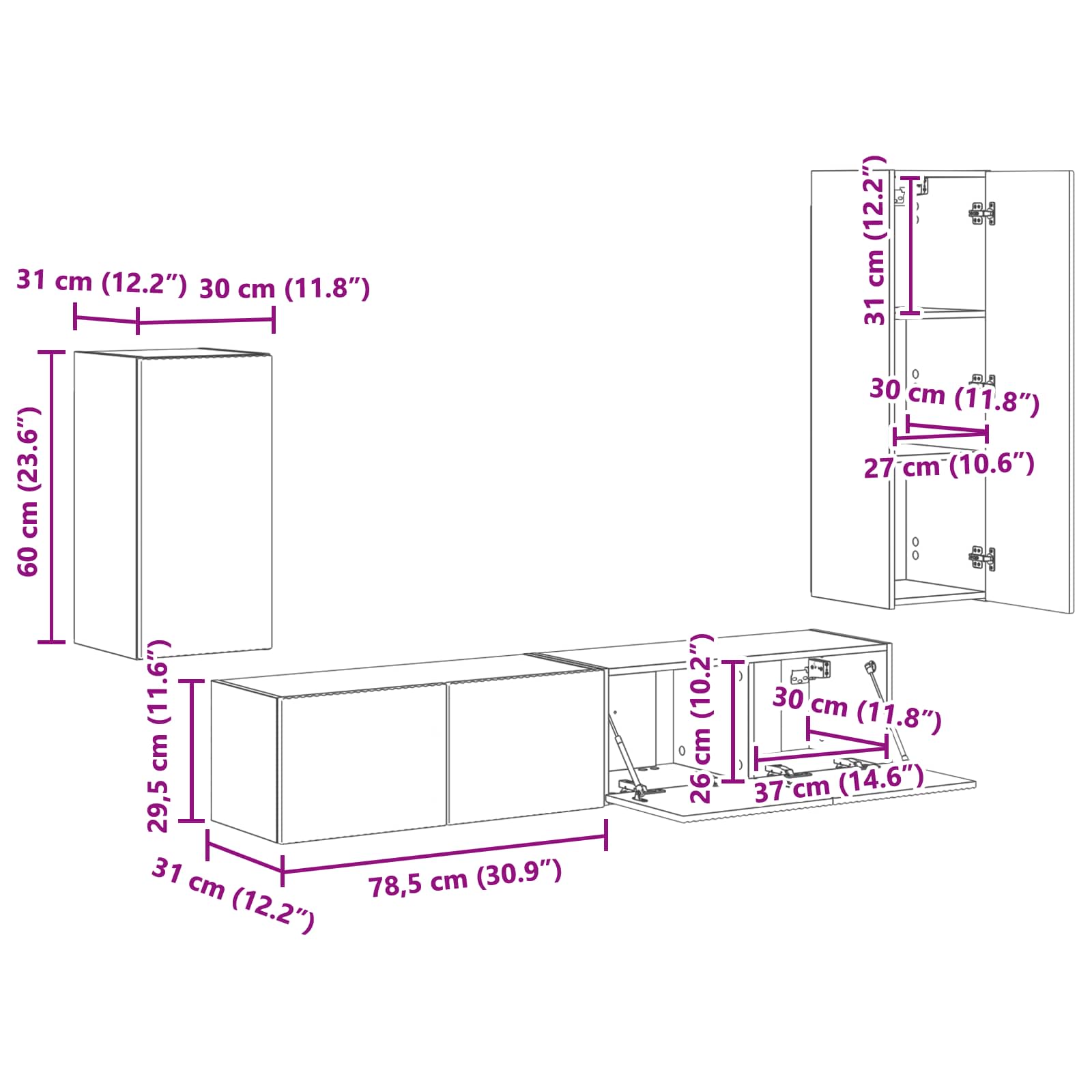 Conjunto de mueble de TV Montaje en la pared 4 pcs Madera vieja