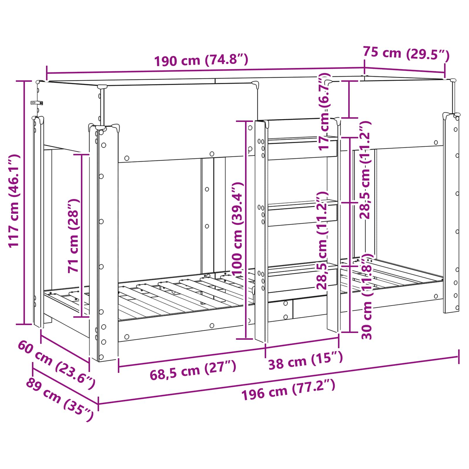 Cama Litera para Niños 75 x 190 cm Madera de ingeniería