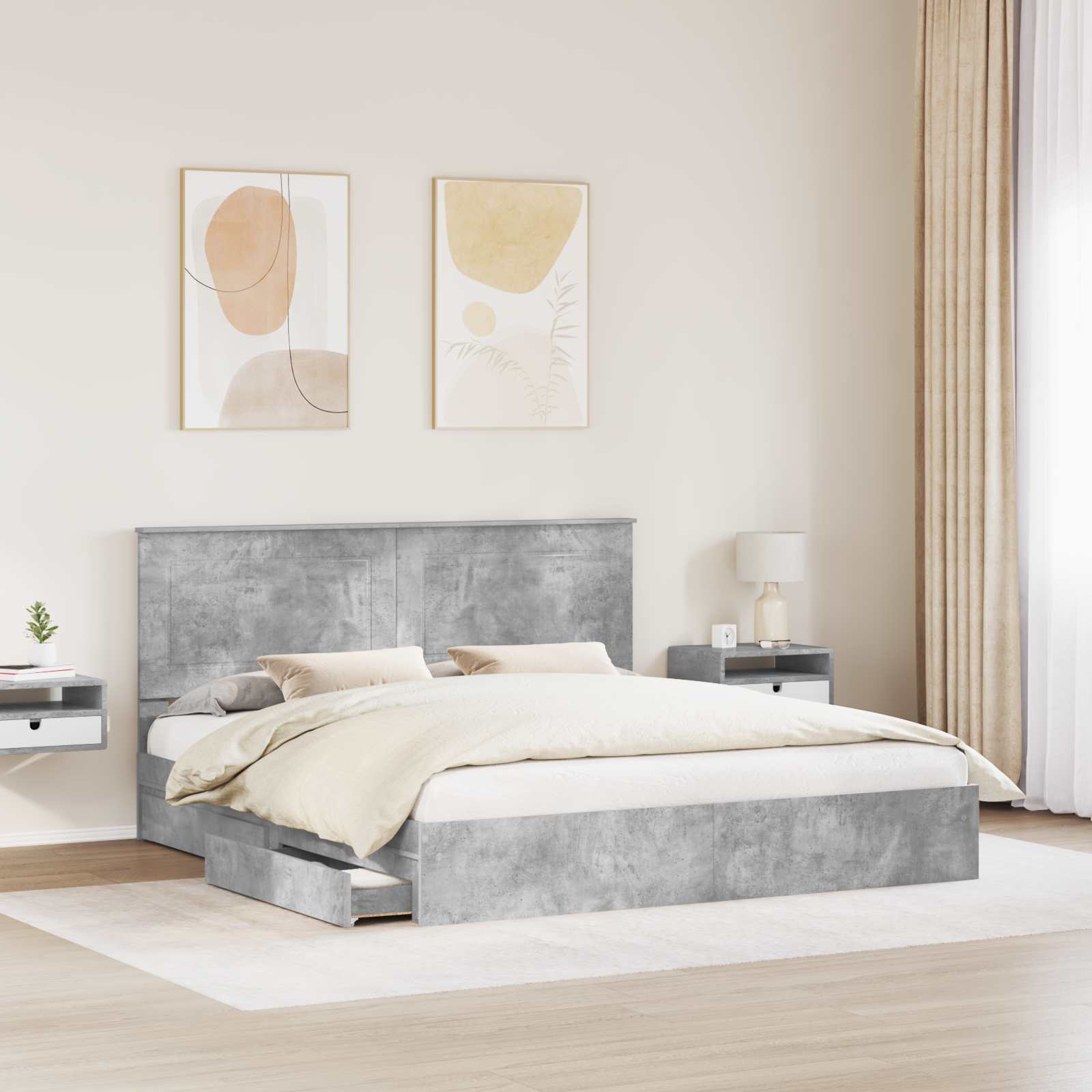 Cama con almacenamiento con cabecera Gris Concreto 200 x 200 cm