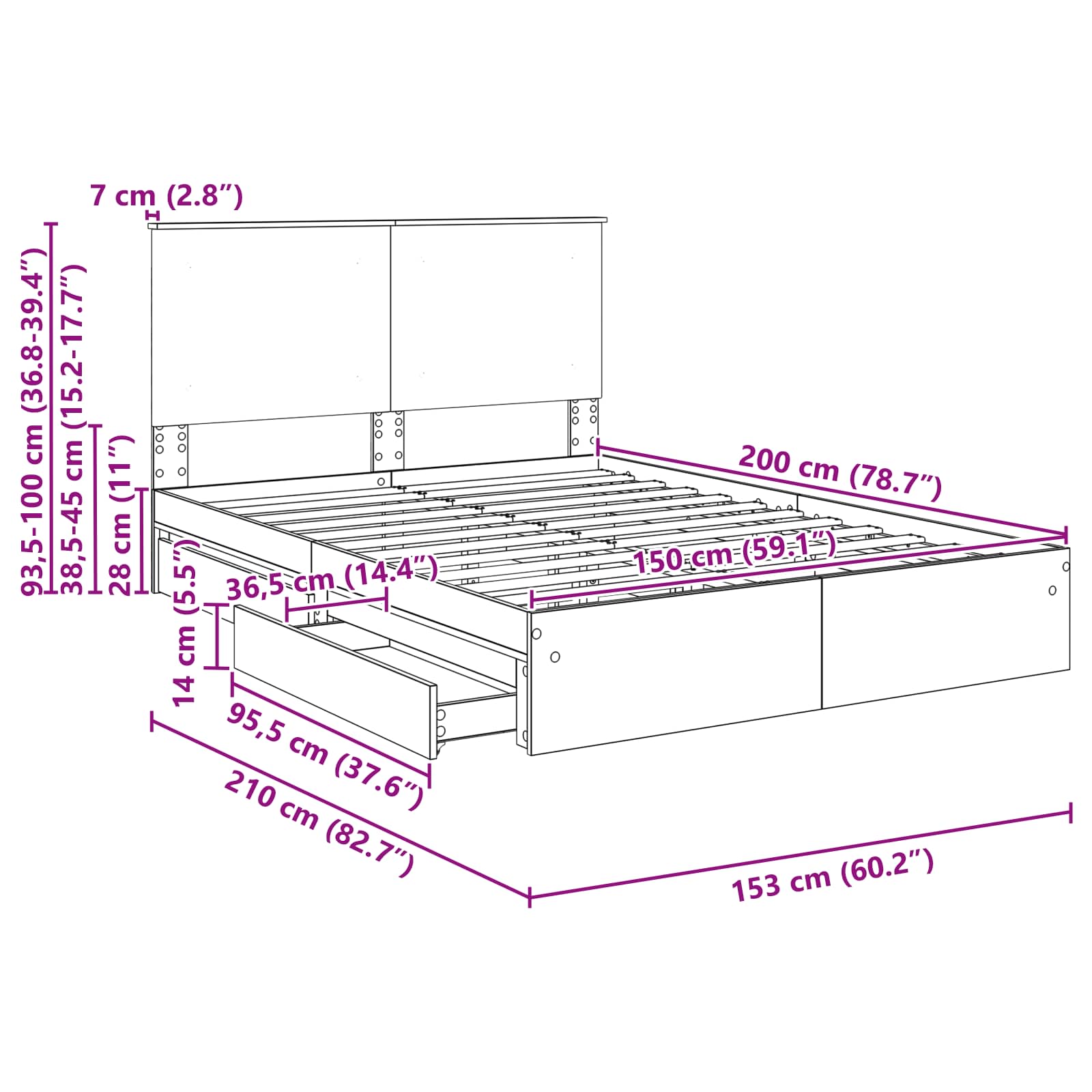 Cama con almacenamiento con cabecera Roble Sonoma 150 x 200 cm