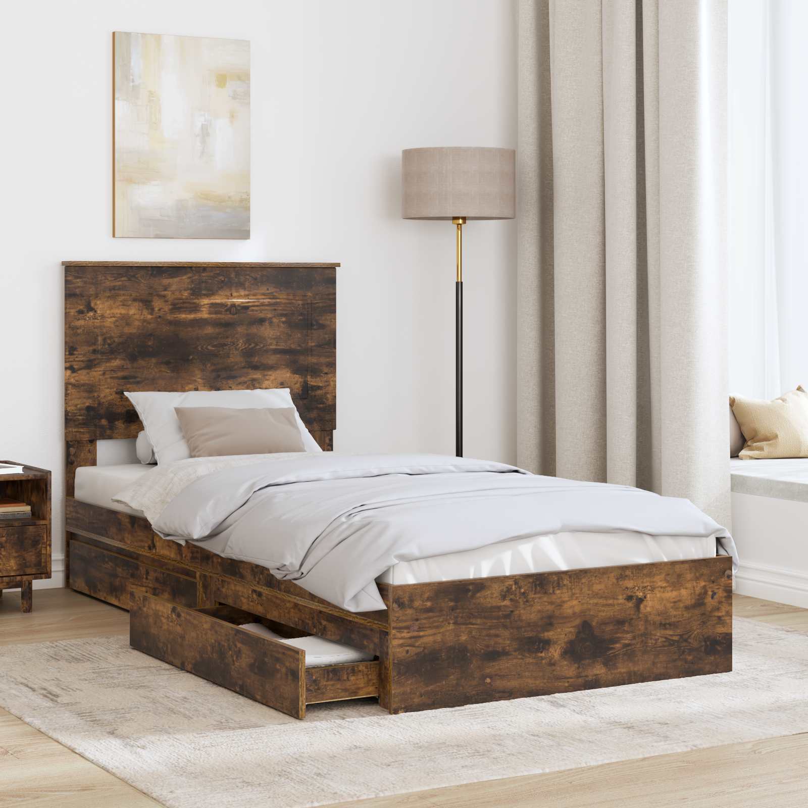 Cama con almacenamiento con cabecera Roble ahumado 90 x 190 cm