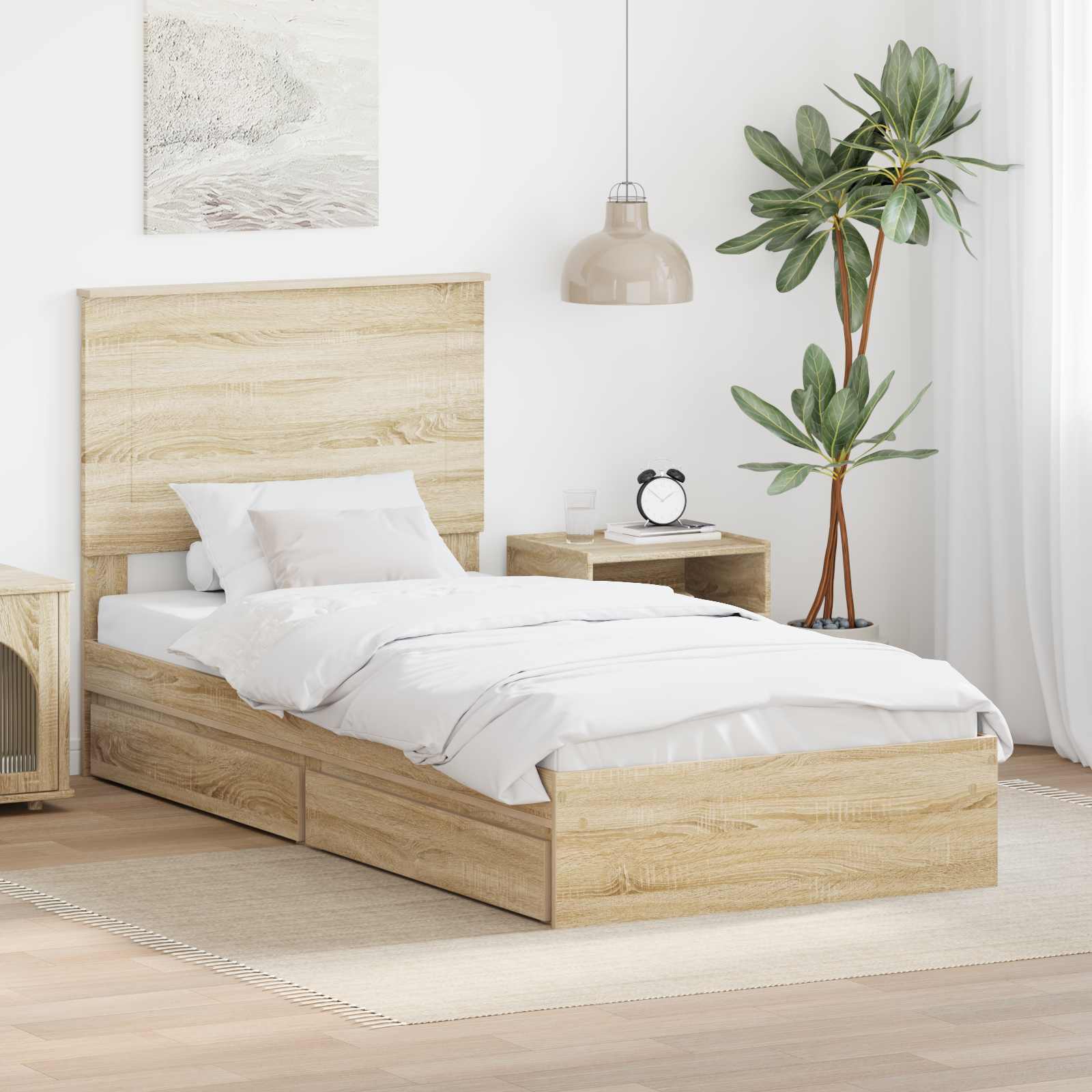 Cama con almacenamiento con cabecera Roble Sonoma 90 x 200 cm