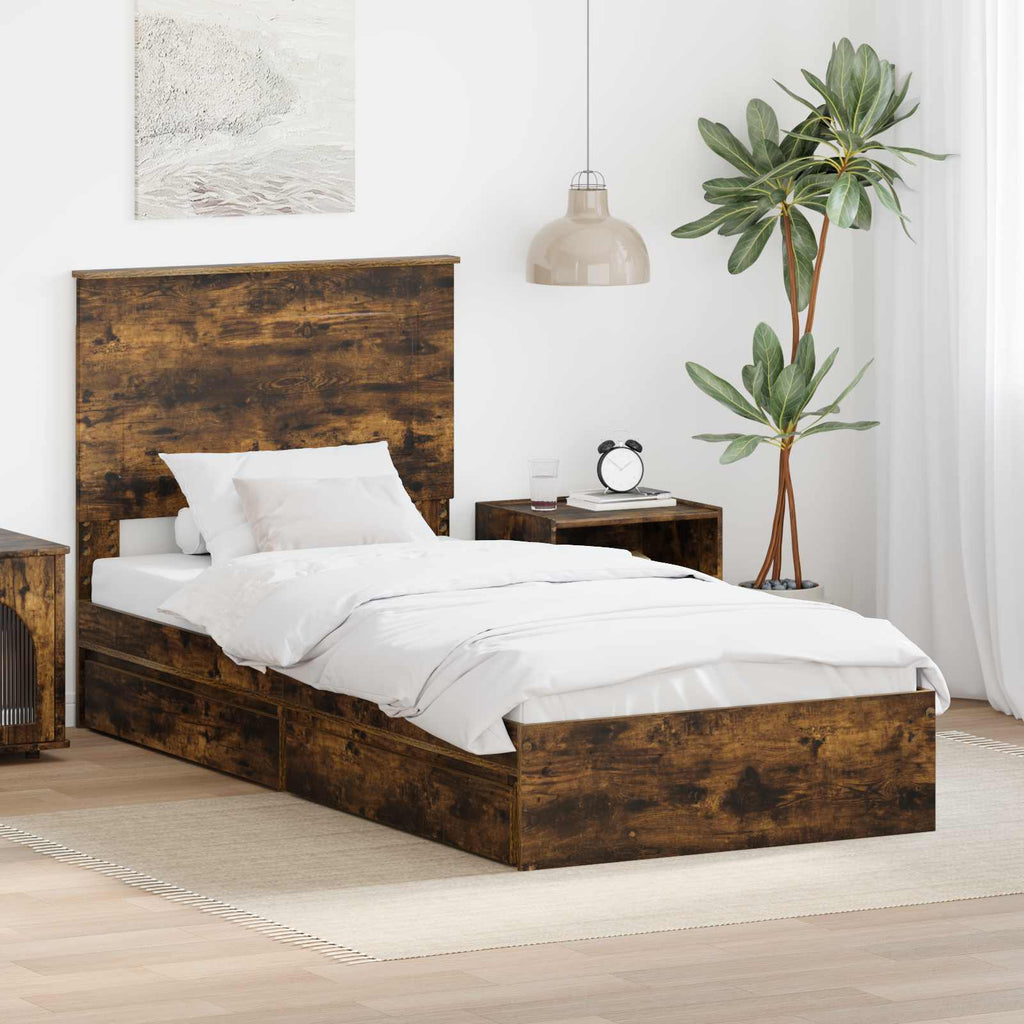 Cama con almacenamiento con cabecera Roble ahumado 90 x 200 cm