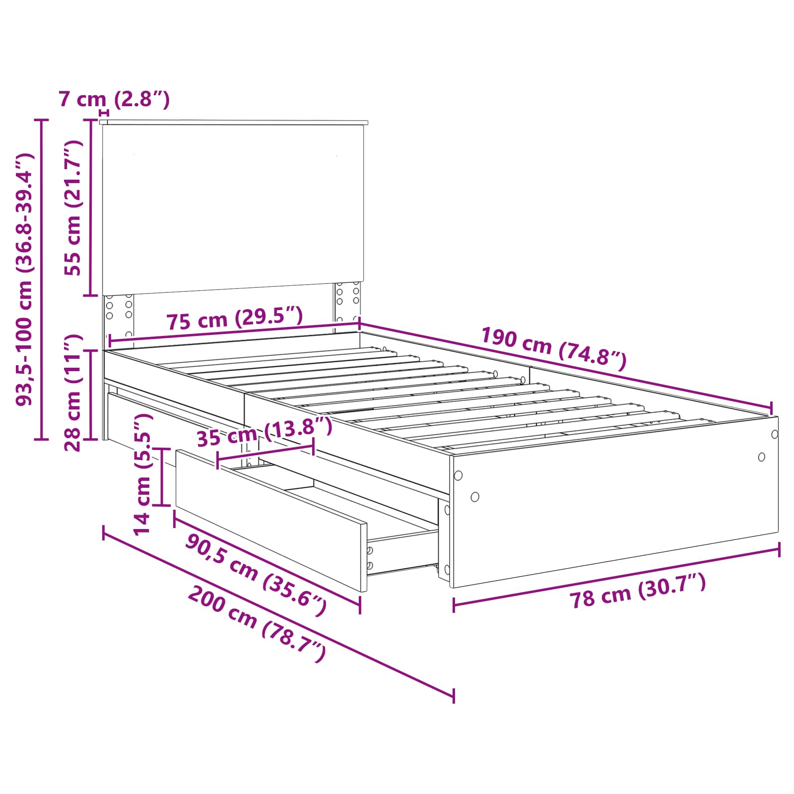 Cama con almacenamiento con cabecera Gris Concreto 75 x 190 cm