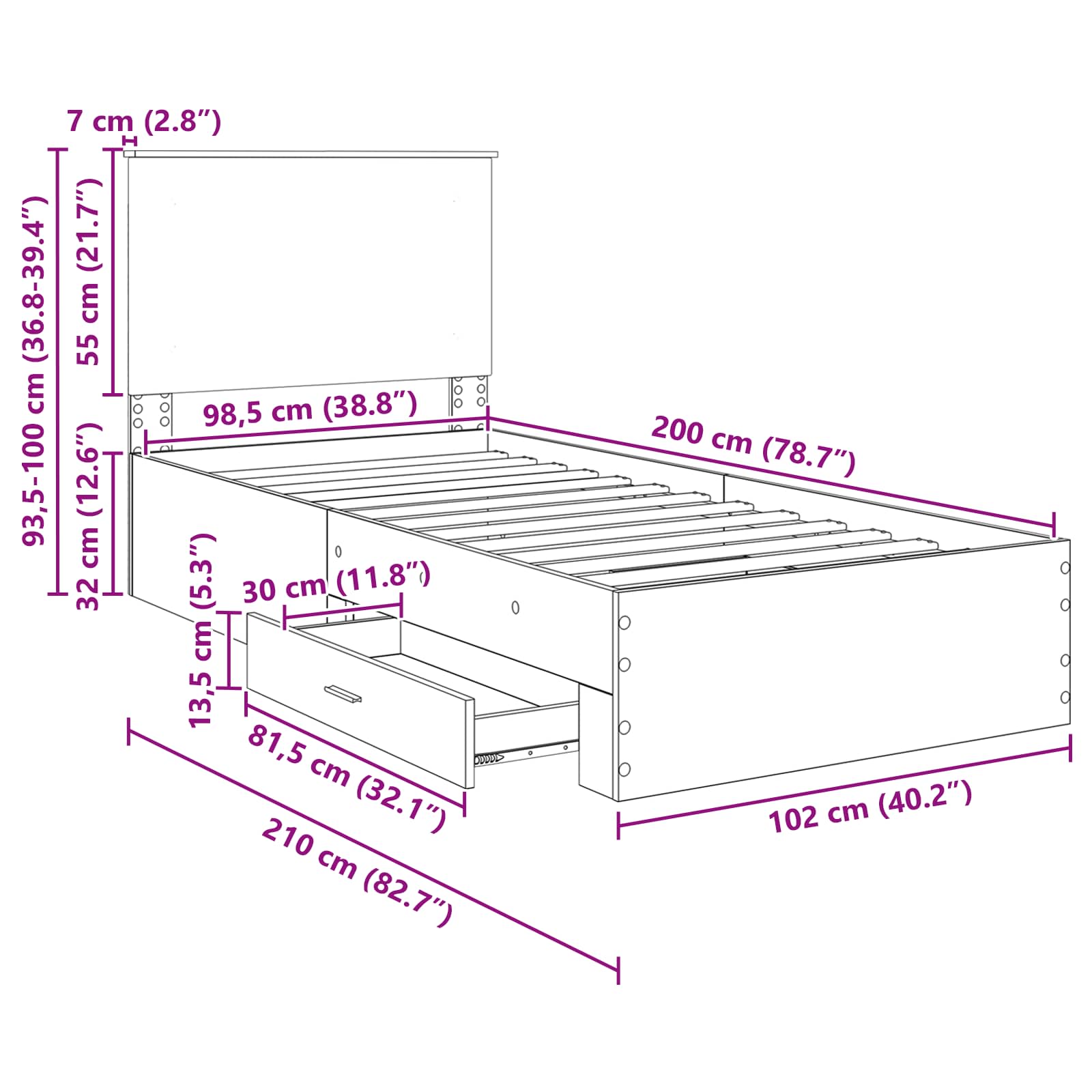 Estructura de cama con cabecera Gris Concreto 100 x 200 cm