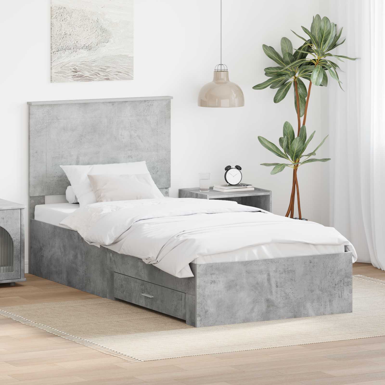 Estrutura de Cama com Cabeceira Cinzento Betão 100 x 200 cm