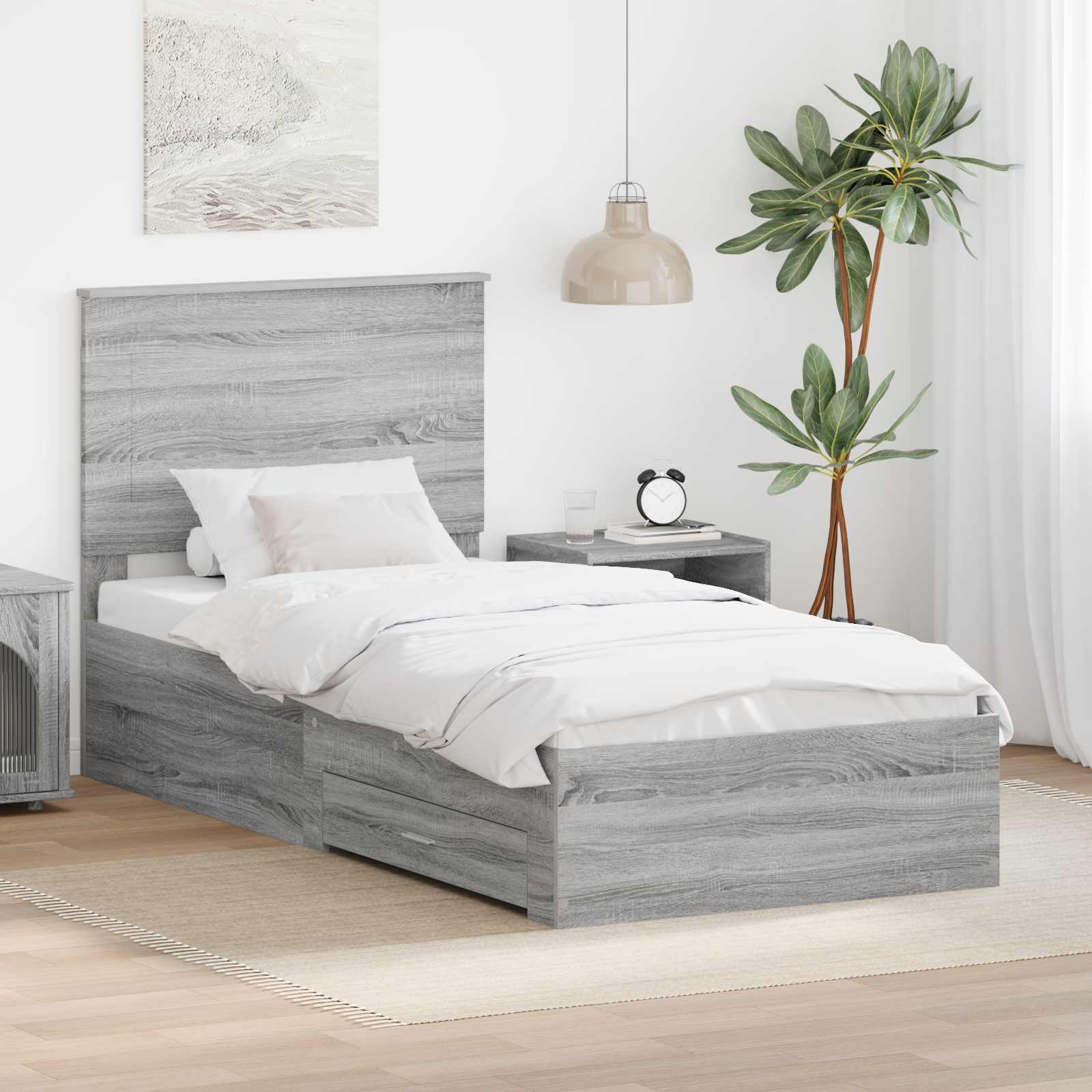 Estrutura de Cama com Cabeceira Cinzento Betão 100 x 200 cm