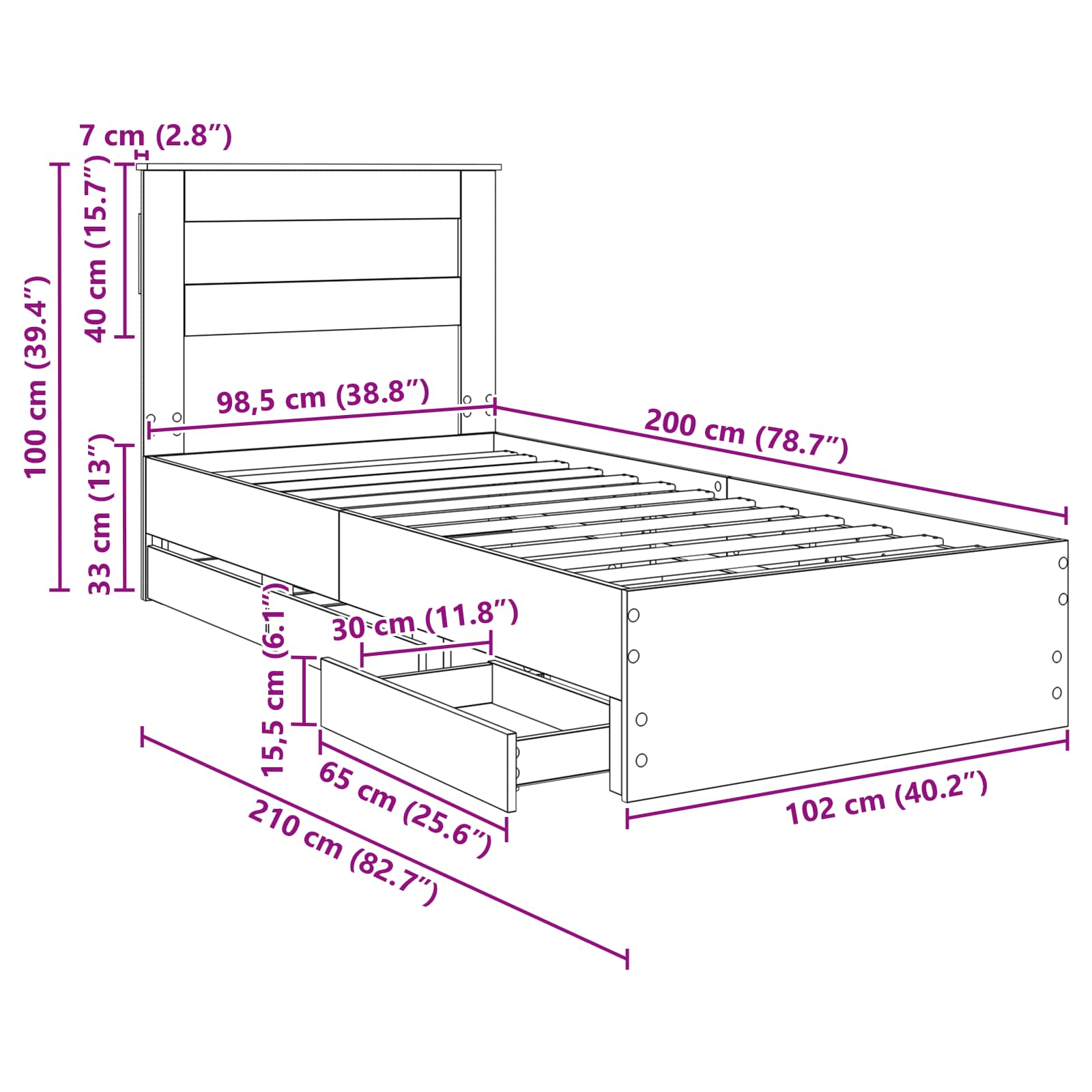 Estructura de cama con cajón 100 x 200 cm Madera Ingenieril