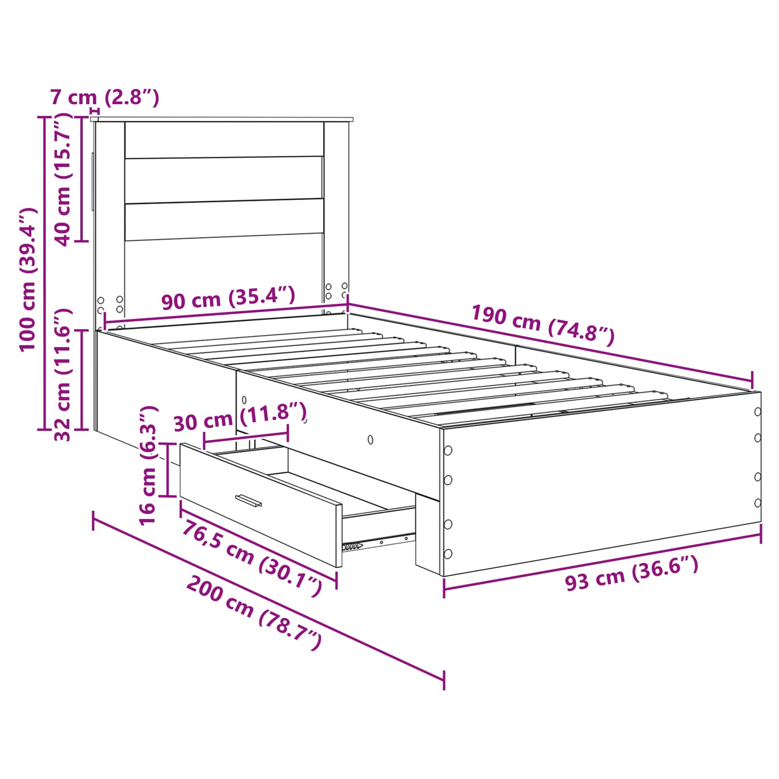Estructura de cama Roble Negro 90 x 190 cm Madera de ingeniería