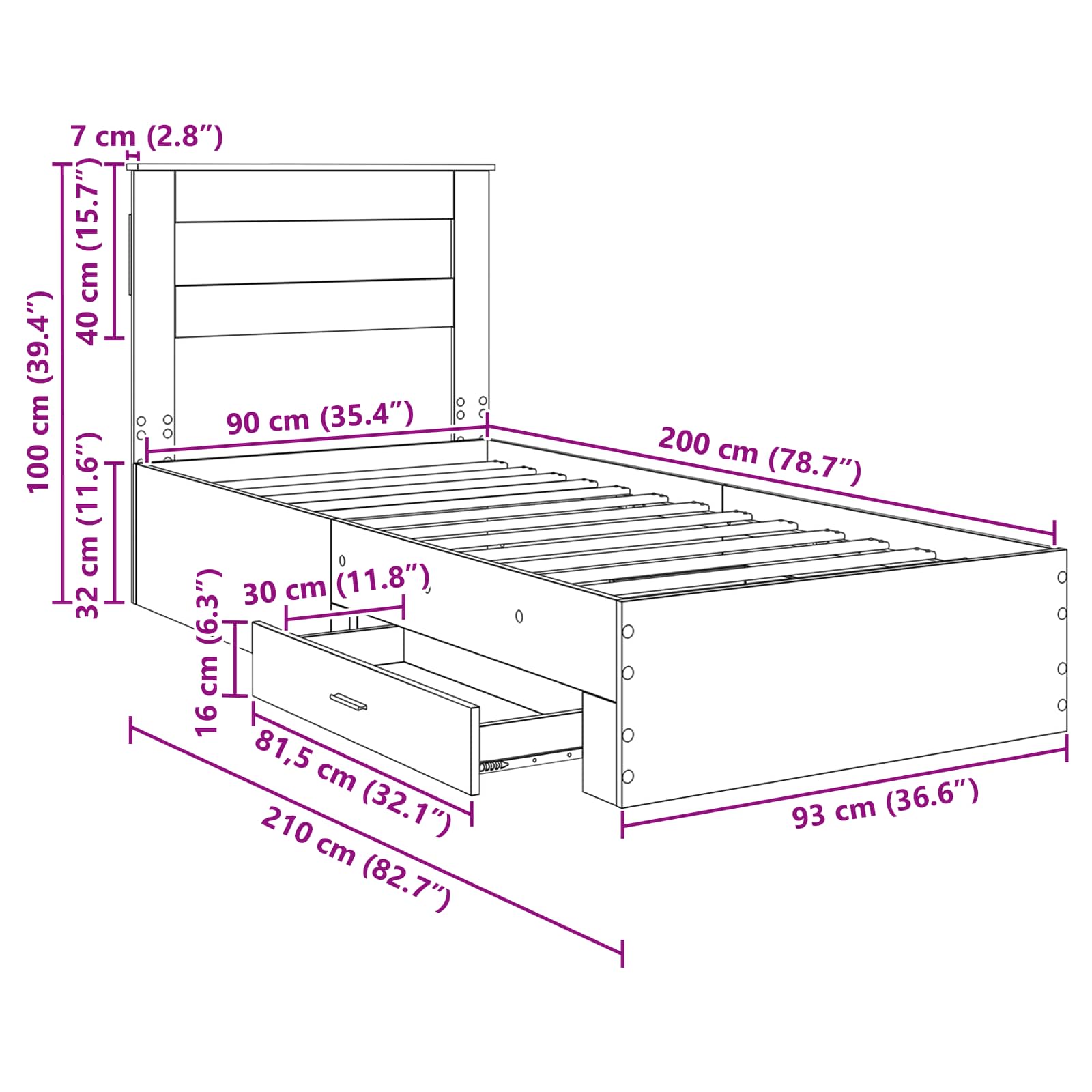 Estructura de cama Roble Negro 90 x 200 cm Madera de ingeniería
