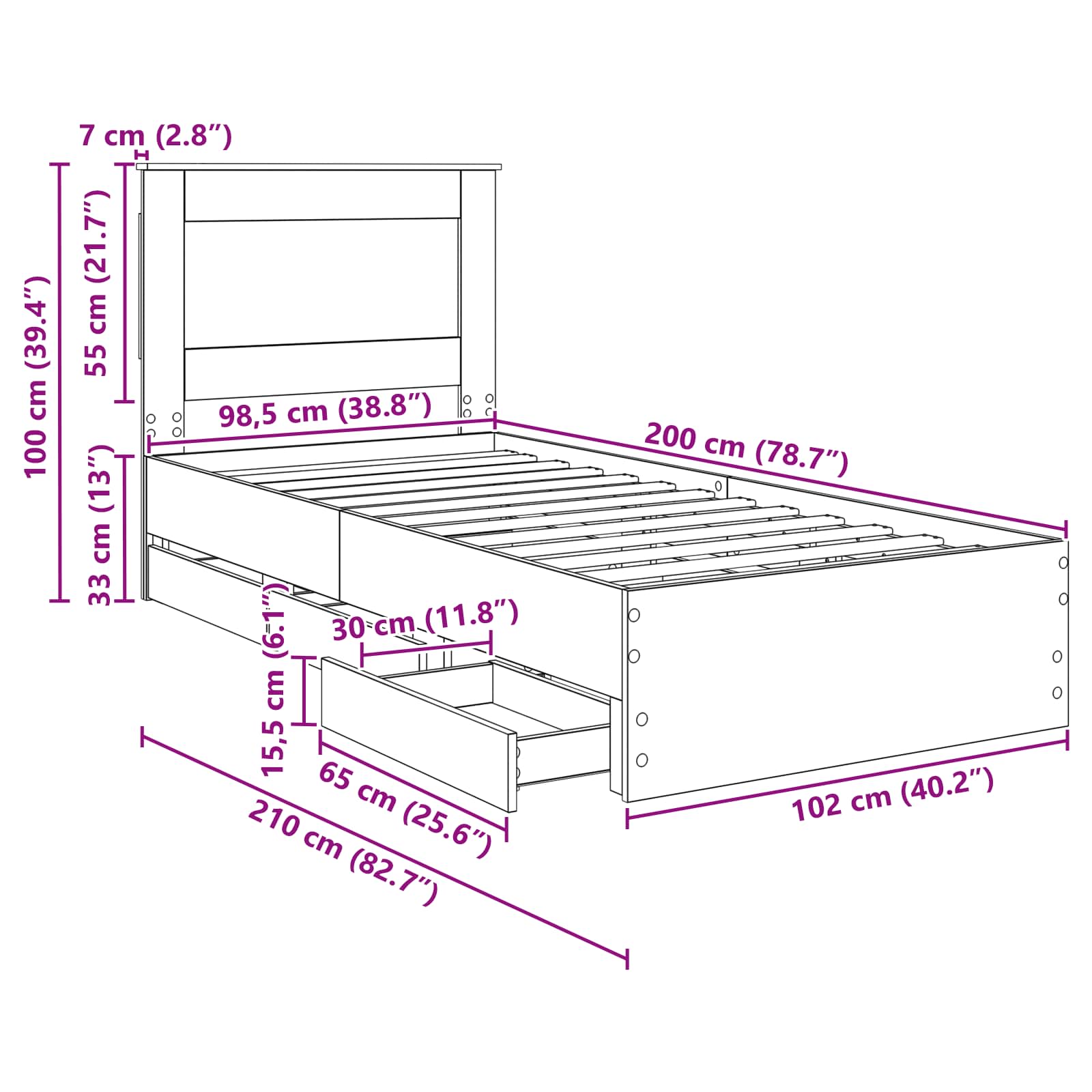 Estructura de cama con cajón 100 x 200 cm Madera Ingenieril