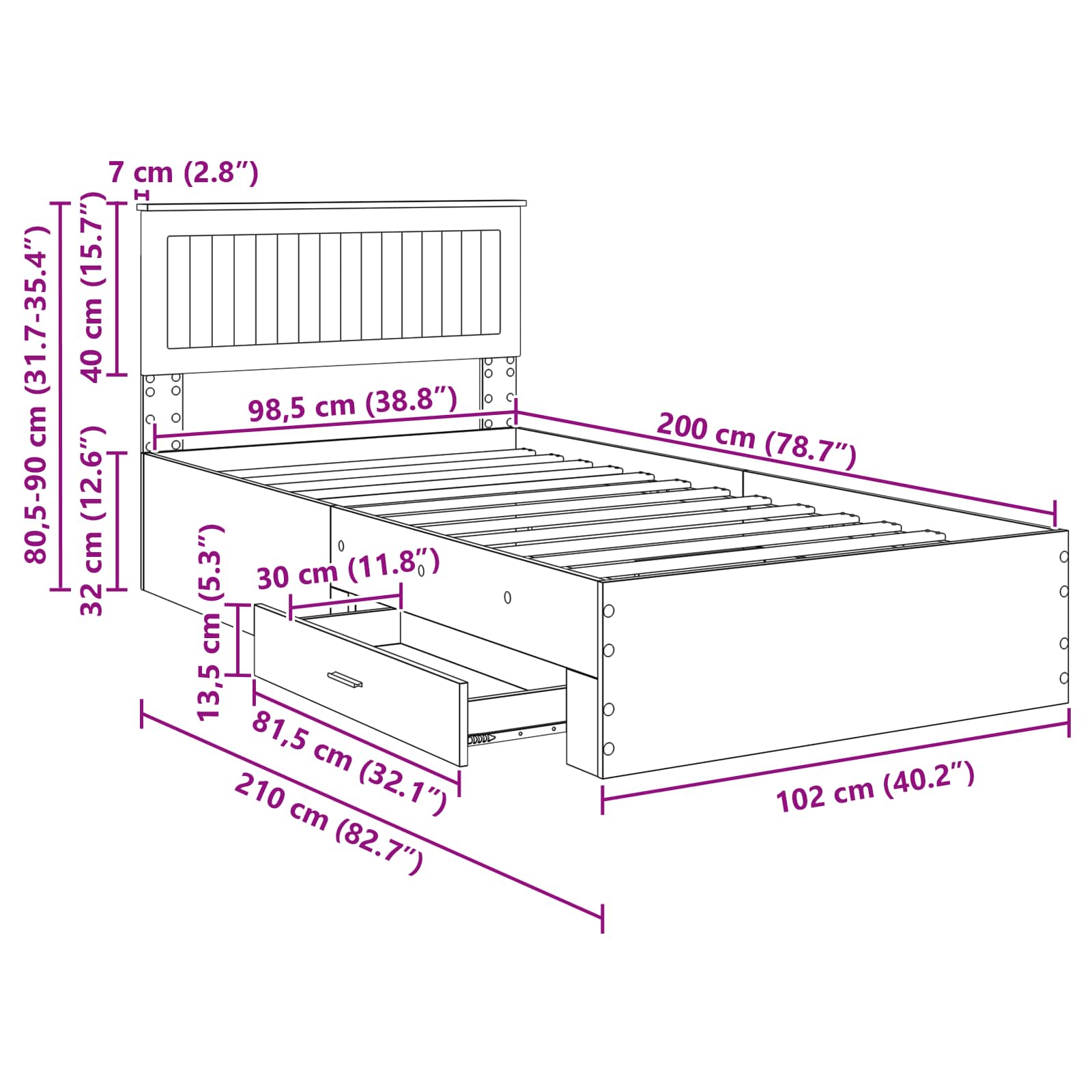 Estructura de cama con cabecera Gris Concreto 100 x 200 cm