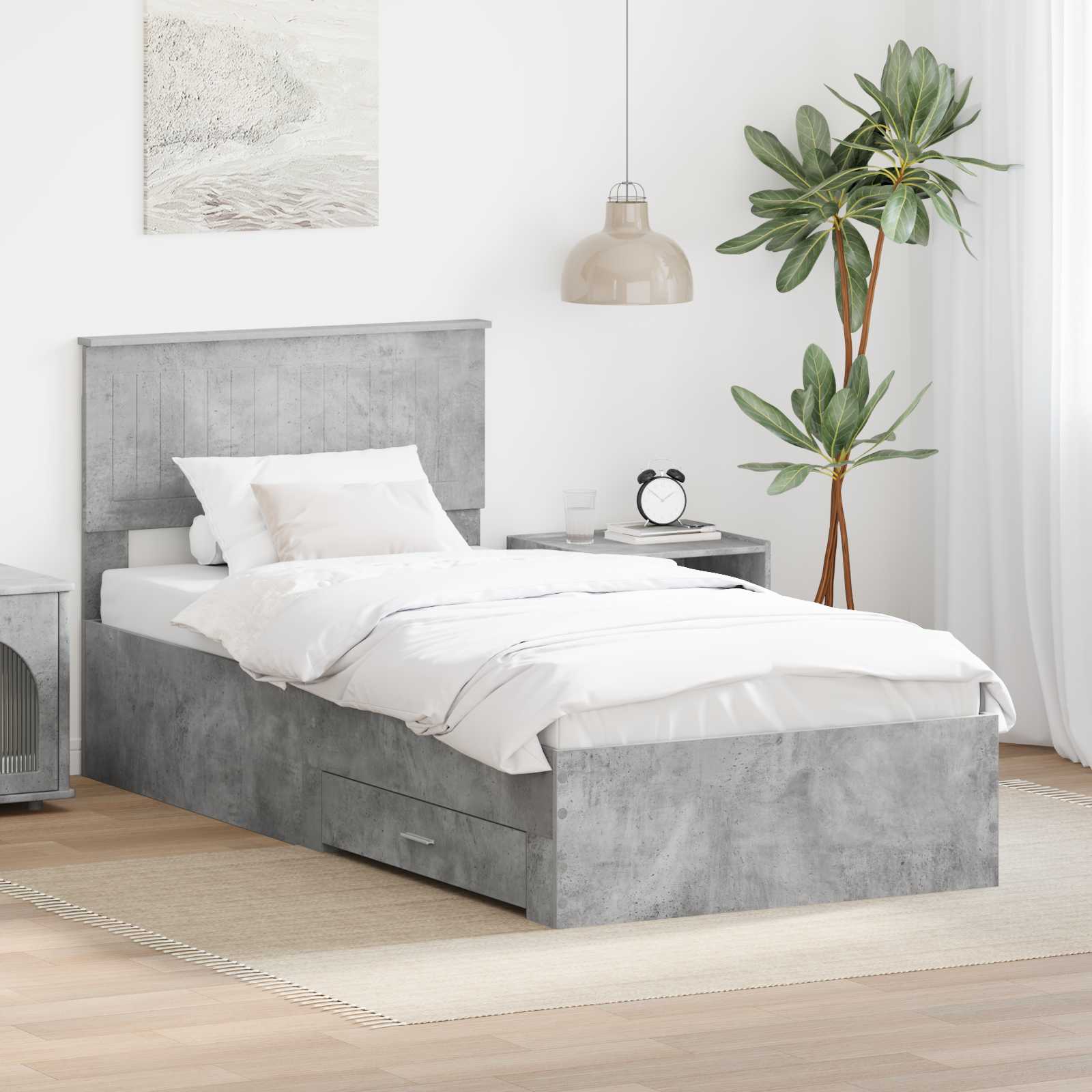 Estrutura de Cama com Cabeceira Cinzento Betão 100 x 200 cm