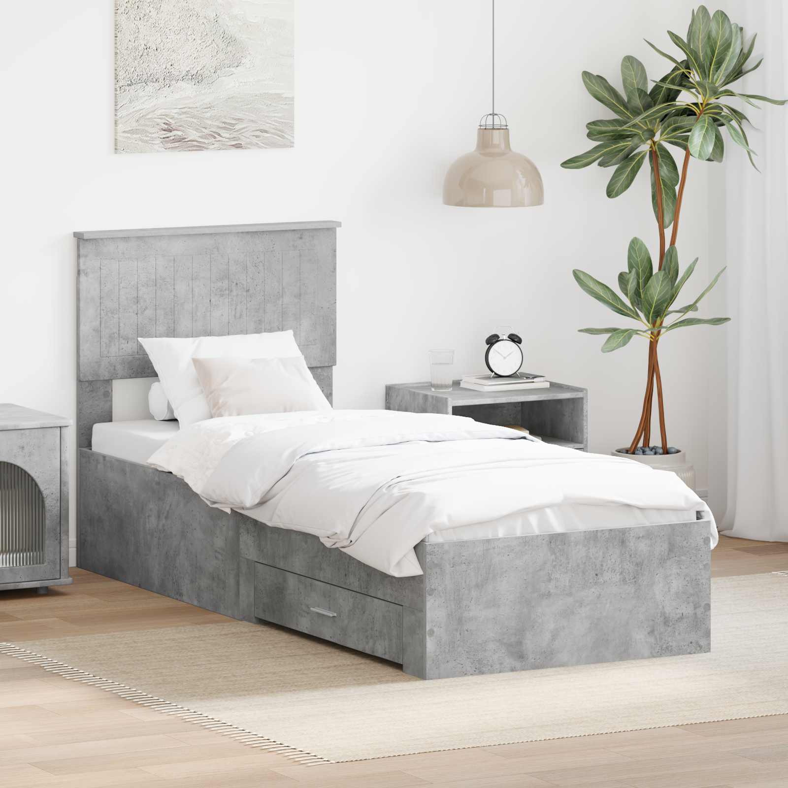 Estrutura de Cama com Cabeceira Cinzento Betão 100 x 200 cm