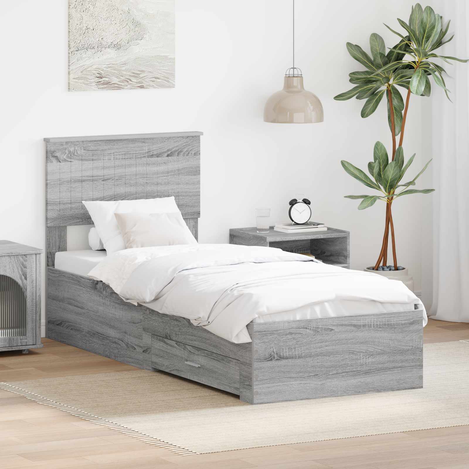 Estrutura de Cama com Cabeceira Cinzento Betão 100 x 200 cm