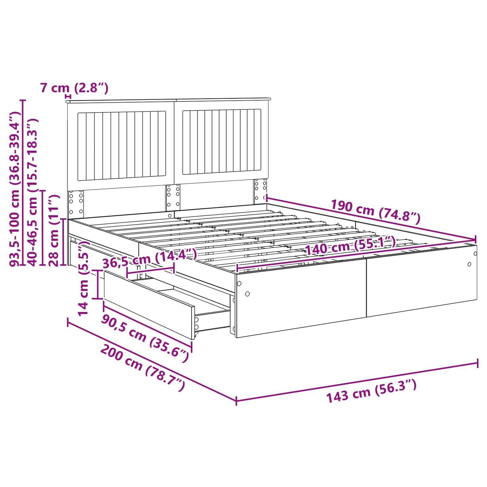 Cama con almacenamiento 140 x 190 cm Madera de ingeniería