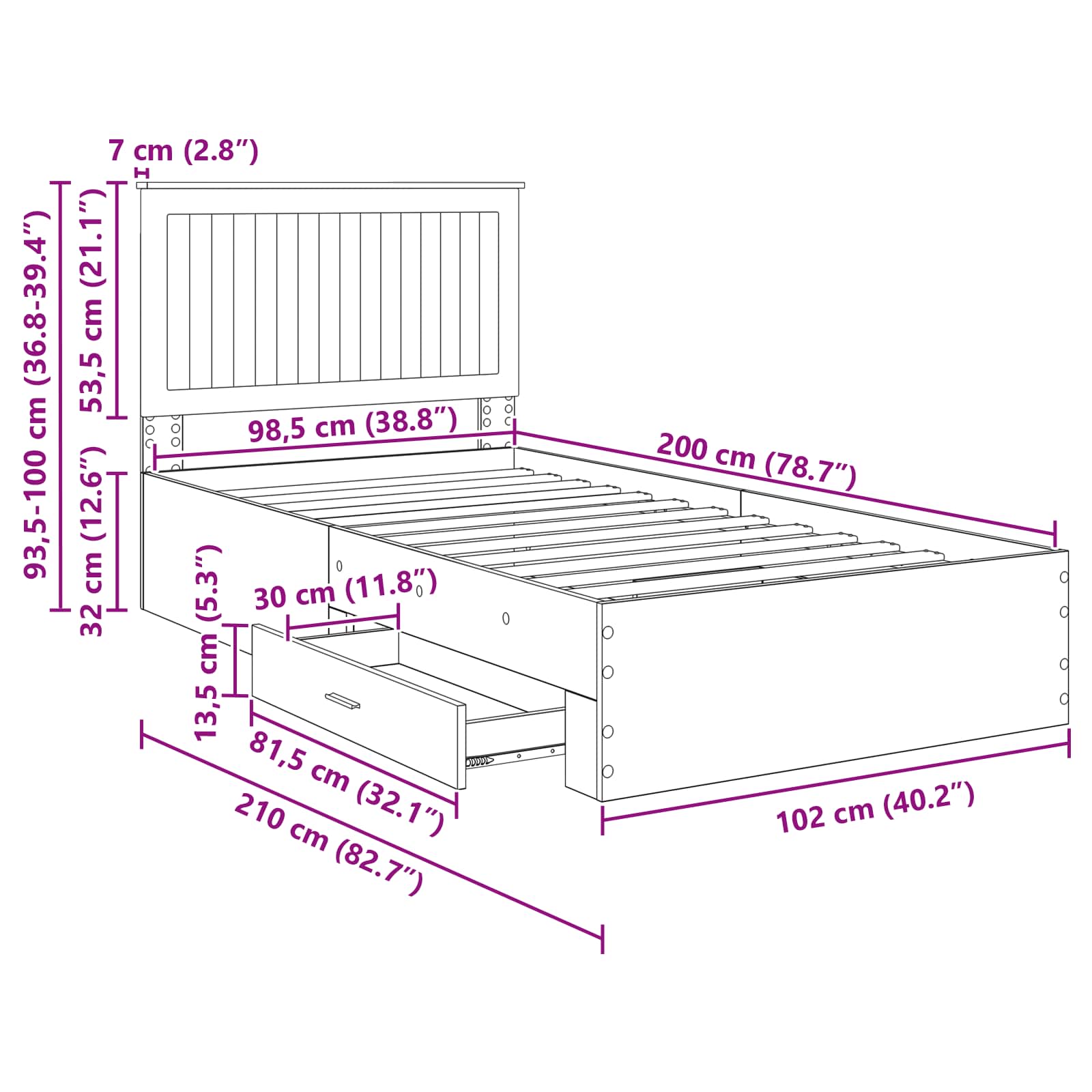Estructura de cama con cabecera Gris Concreto 100 x 200 cm