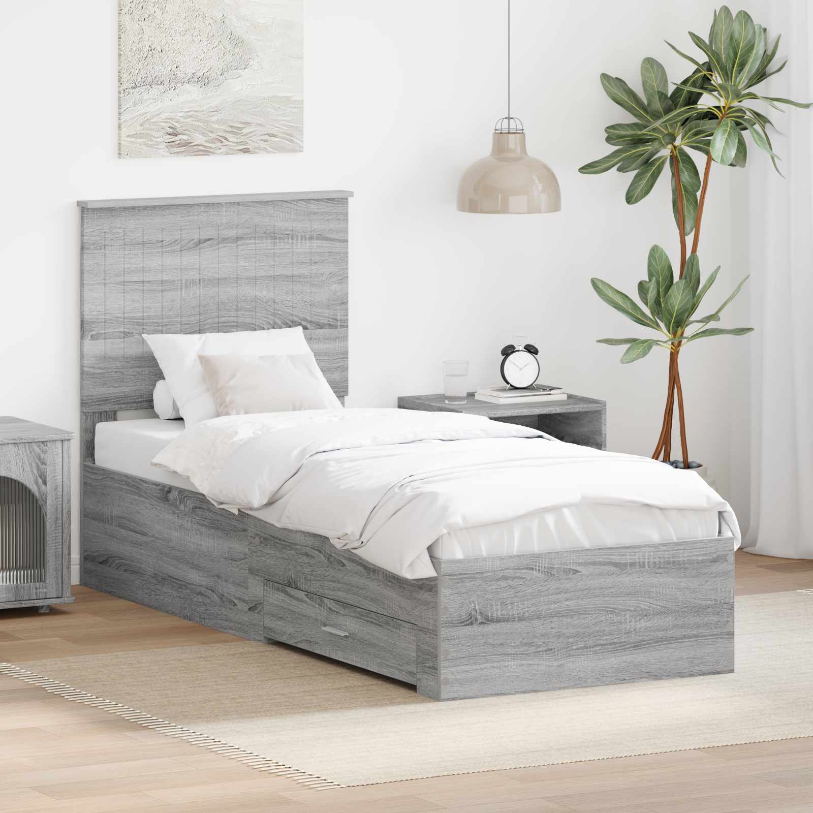 Estrutura de Cama com Cabeceira Cinzento Betão 100 x 200 cm