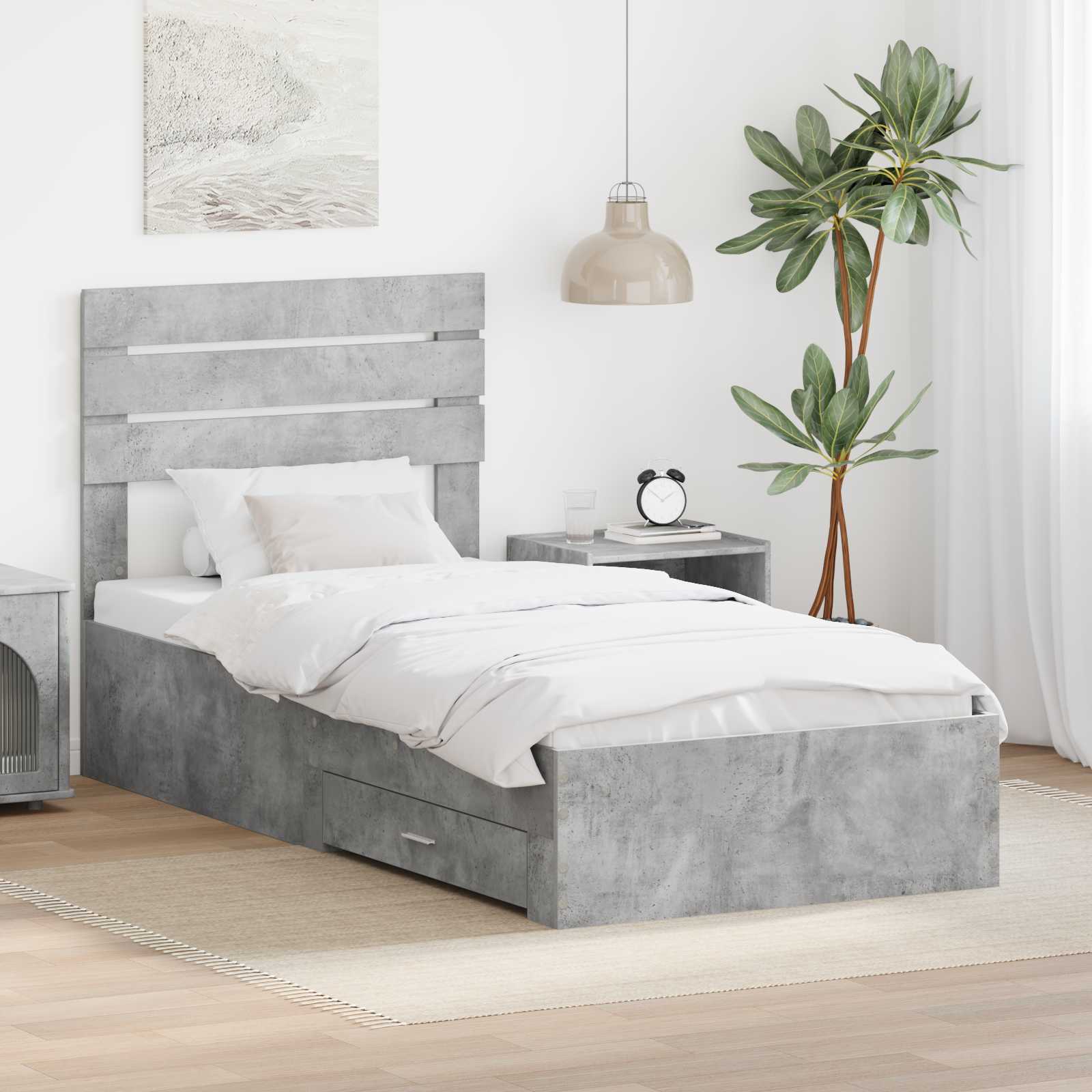 Estrutura de Cama com Cabeceira Cinzento Betão 100 x 200 cm