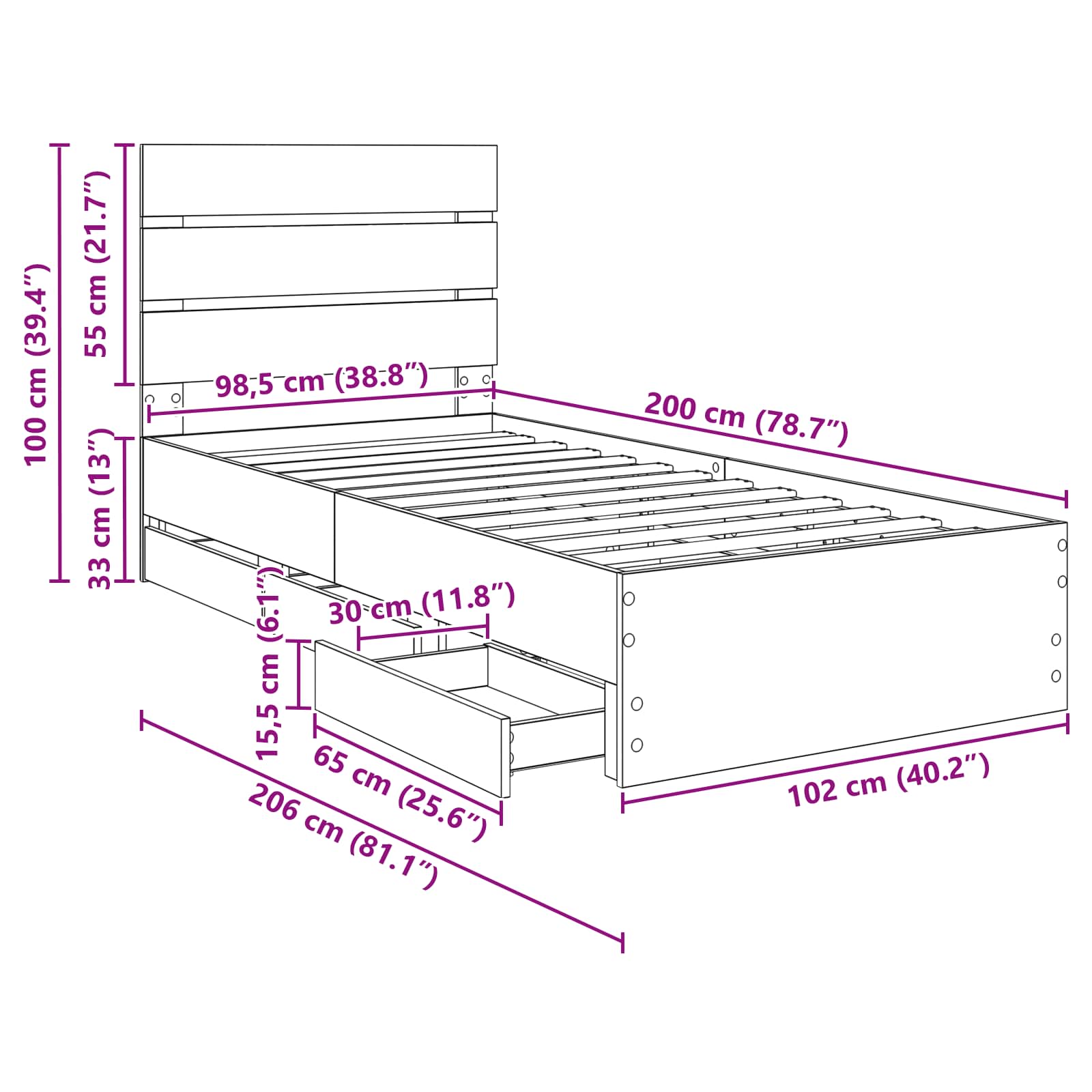 Estructura de cama con cajón 100 x 200 cm Madera Ingenieril