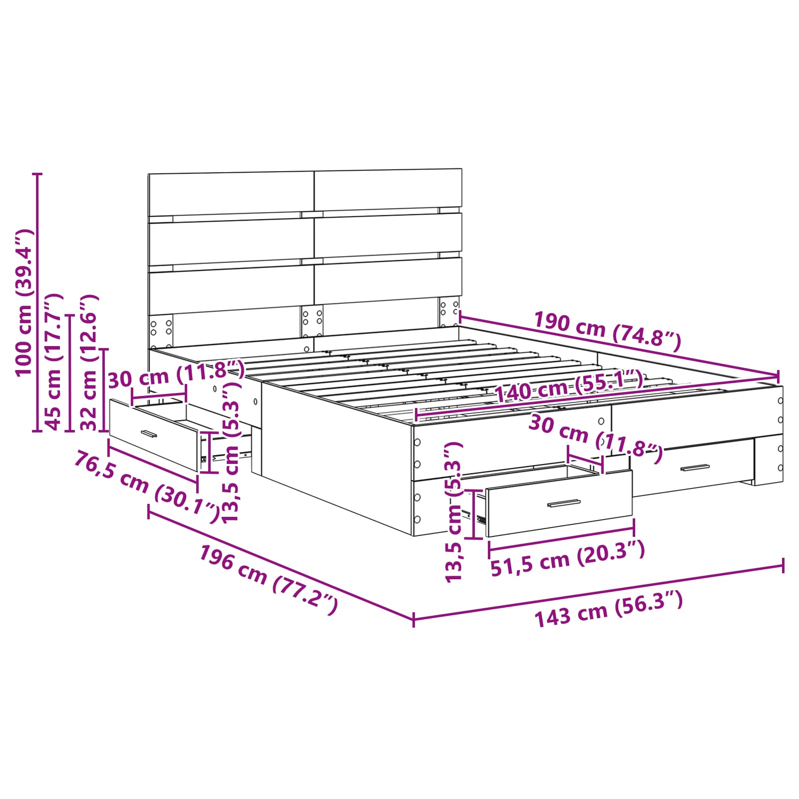 Estructura de cama con cajón 140 x 190 cm Madera de ingeniería