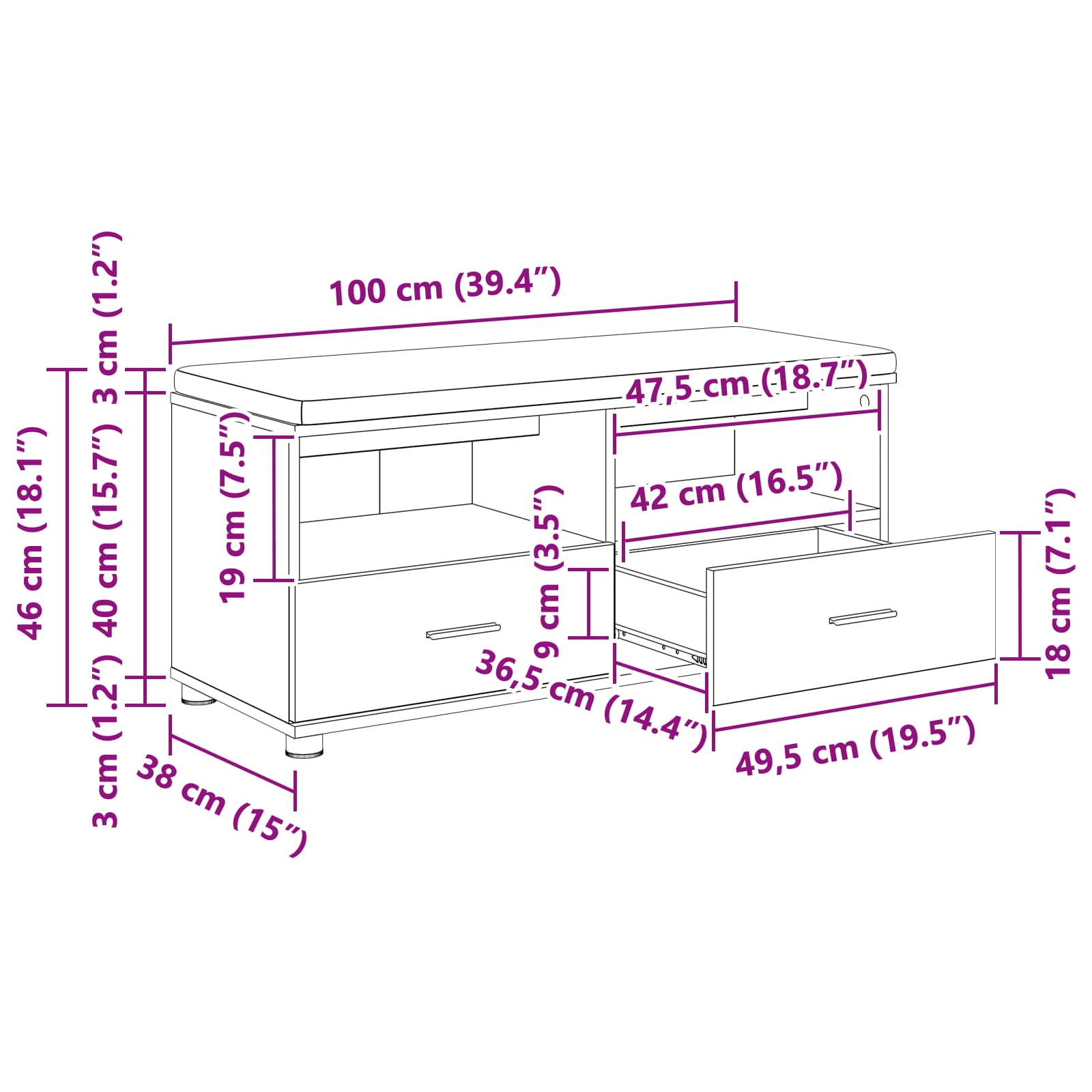 Banco de entrada 100 x 38 x 46 cm Madera Ingenierizada y Tela