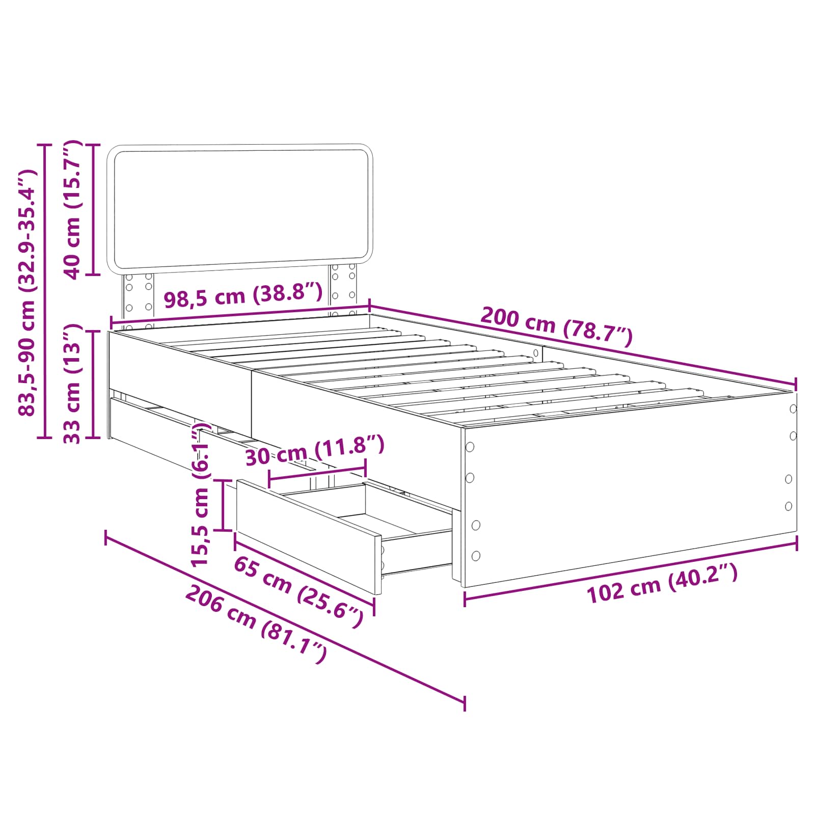 Estructura de cama con cajón 100 x 200 cm Madera de ingeniería
