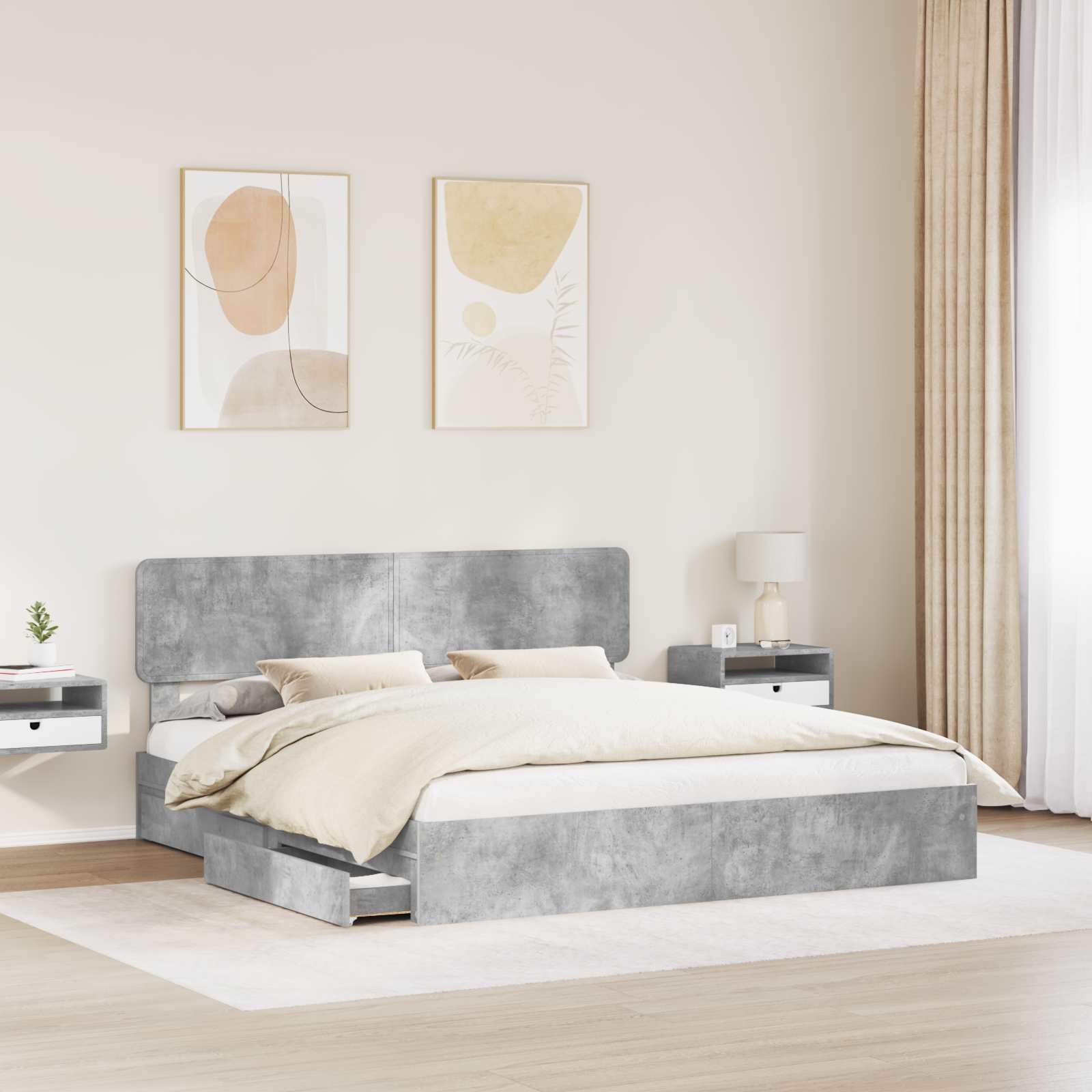 Cama con almacenamiento con cabecera Gris Concreto 200 x 200 cm