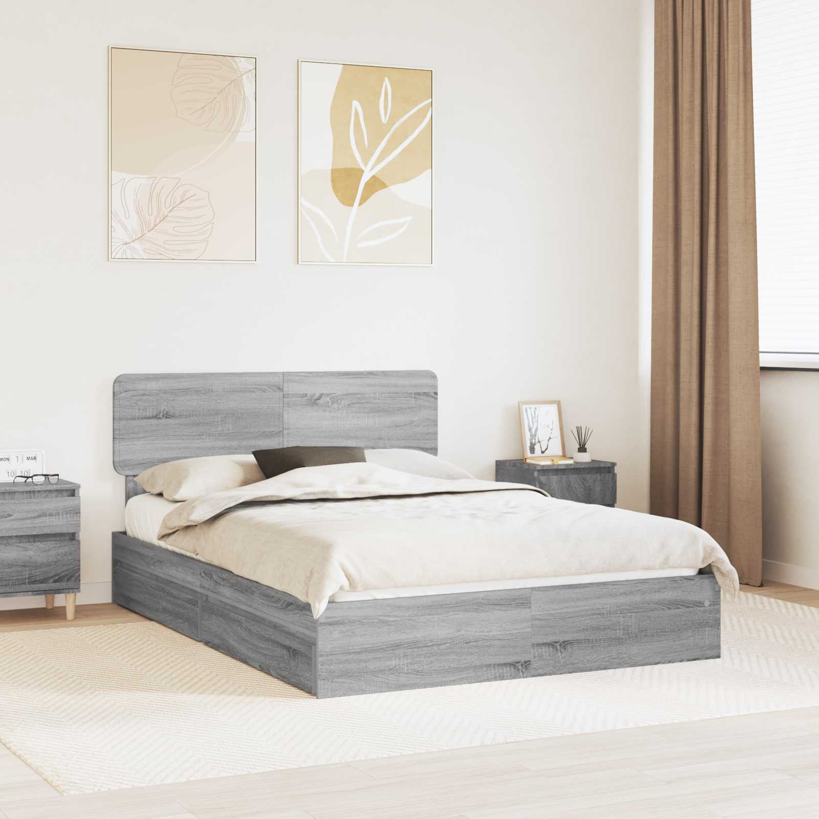 Cama con almacenamiento con cabecera Gris Sonoma 150 x 200 cm