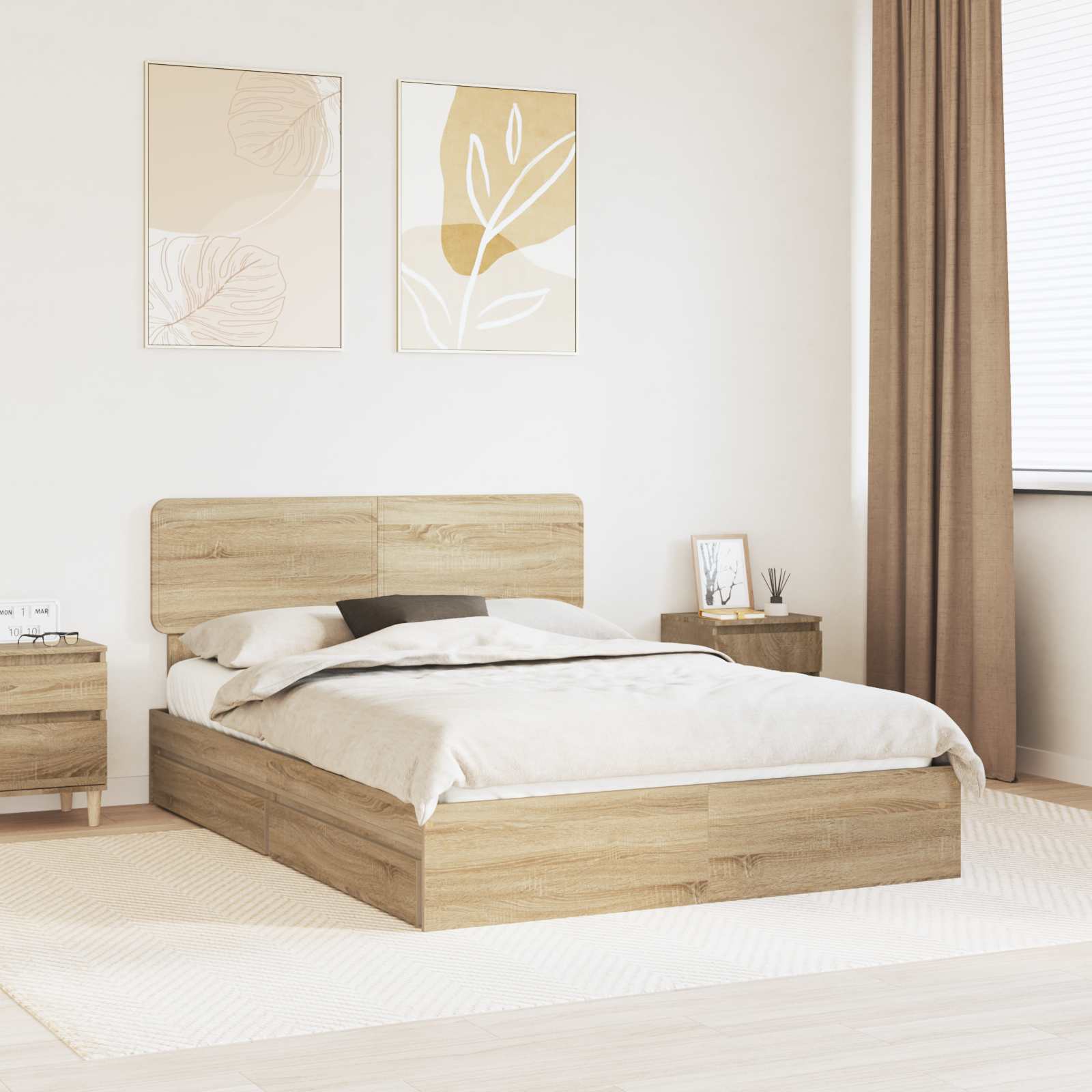 Cama con almacenamiento con cabecera Roble Sonoma 140 x 190 cm