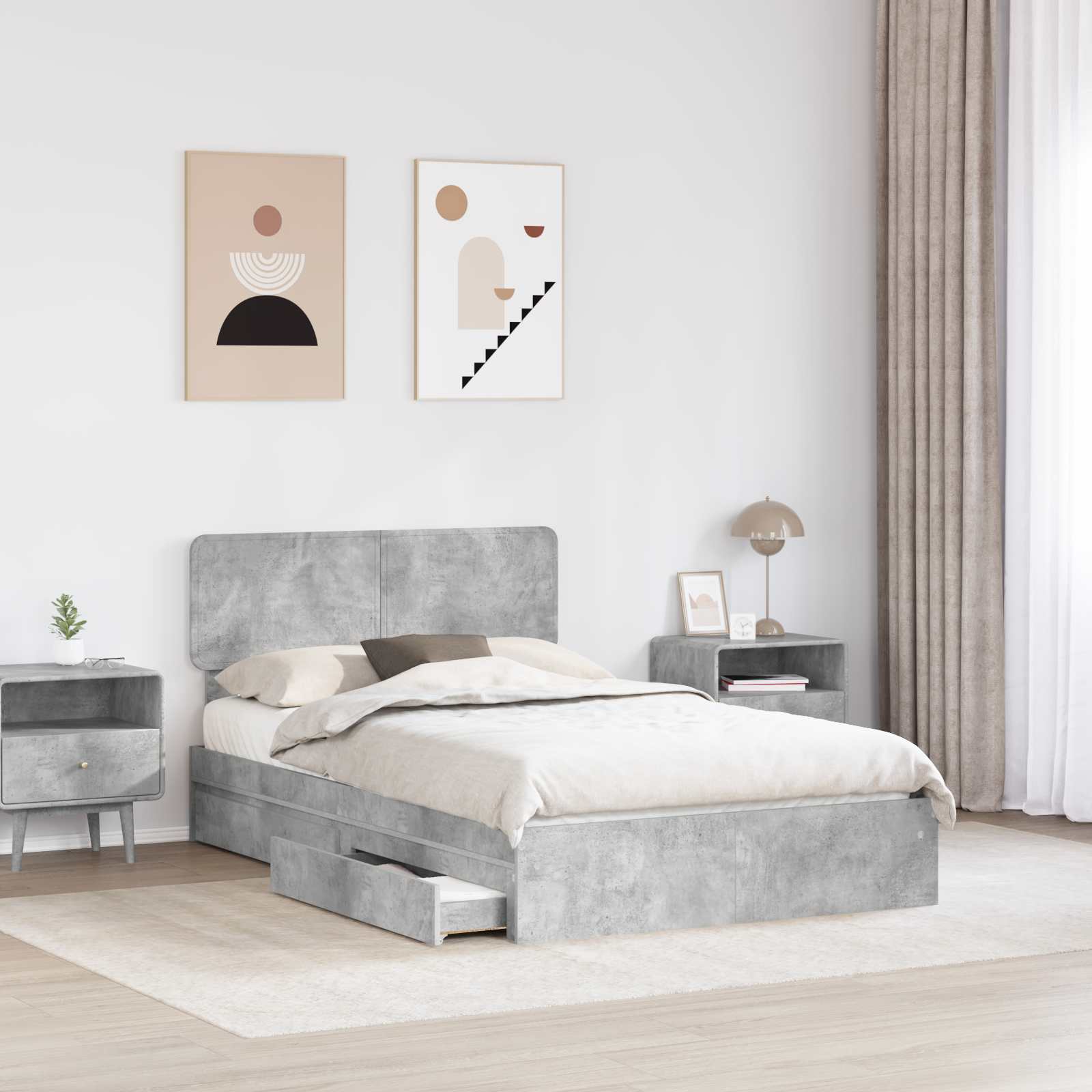 Cama con almacenamiento con cabecera Gris Concreto 135 x 190 cm