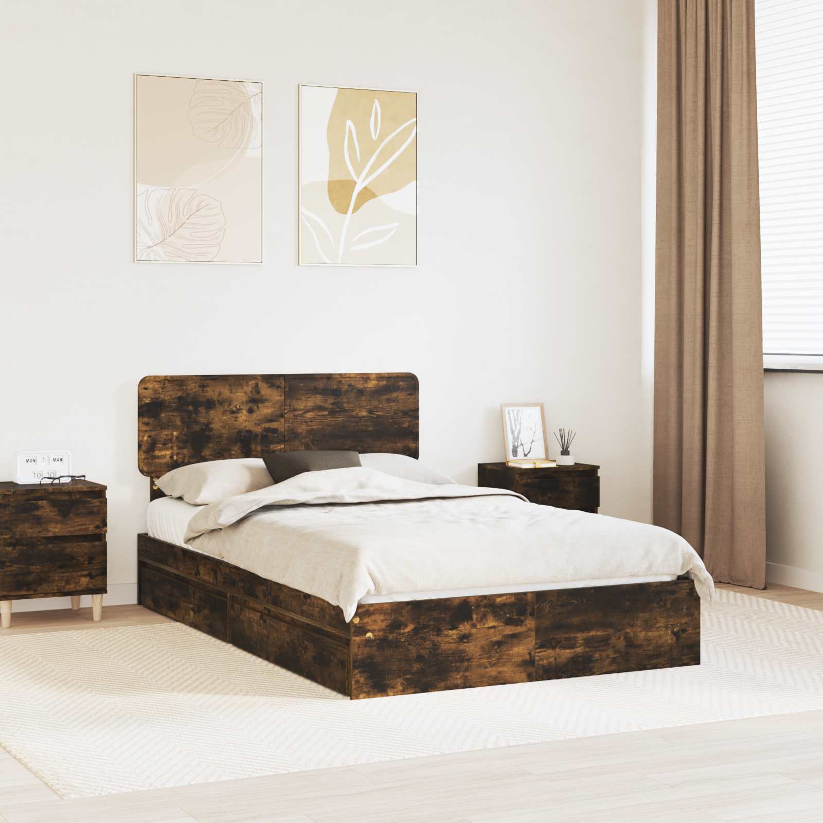 Cama con almacenamiento con cabecera Roble ahumado 135 x 190 cm