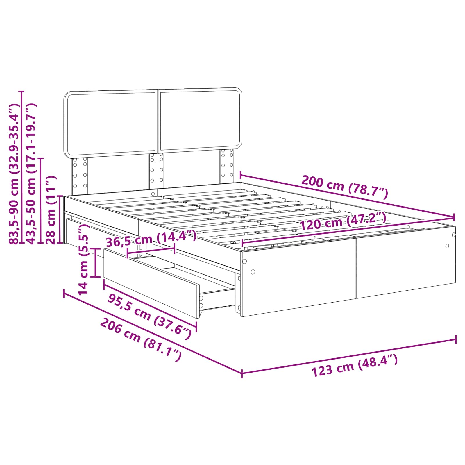 Cama con almacenamiento con cabecera Roble Sonoma 120 x 200 cm