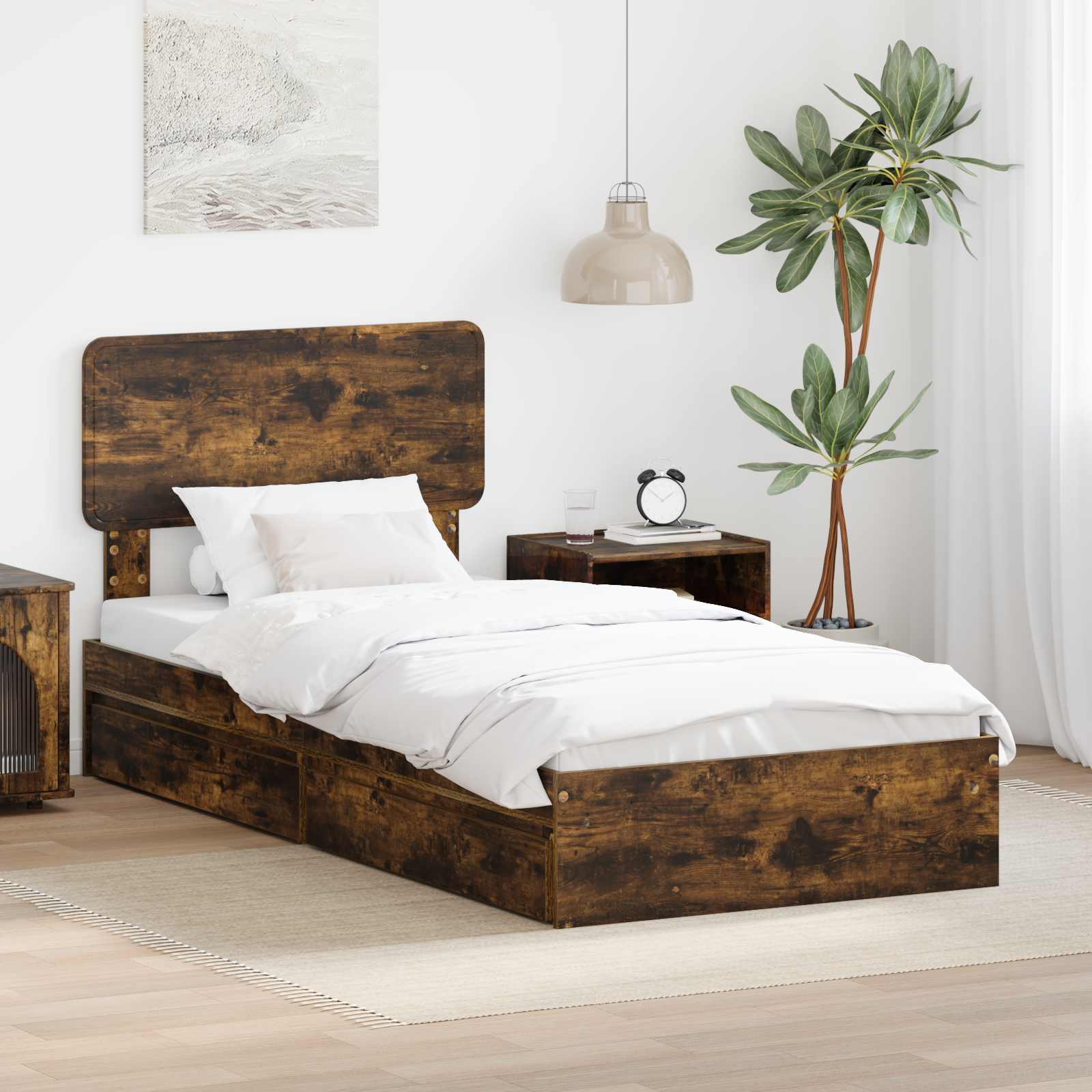 Cama con almacenamiento con cabecera Roble ahumado 90 x 200 cm