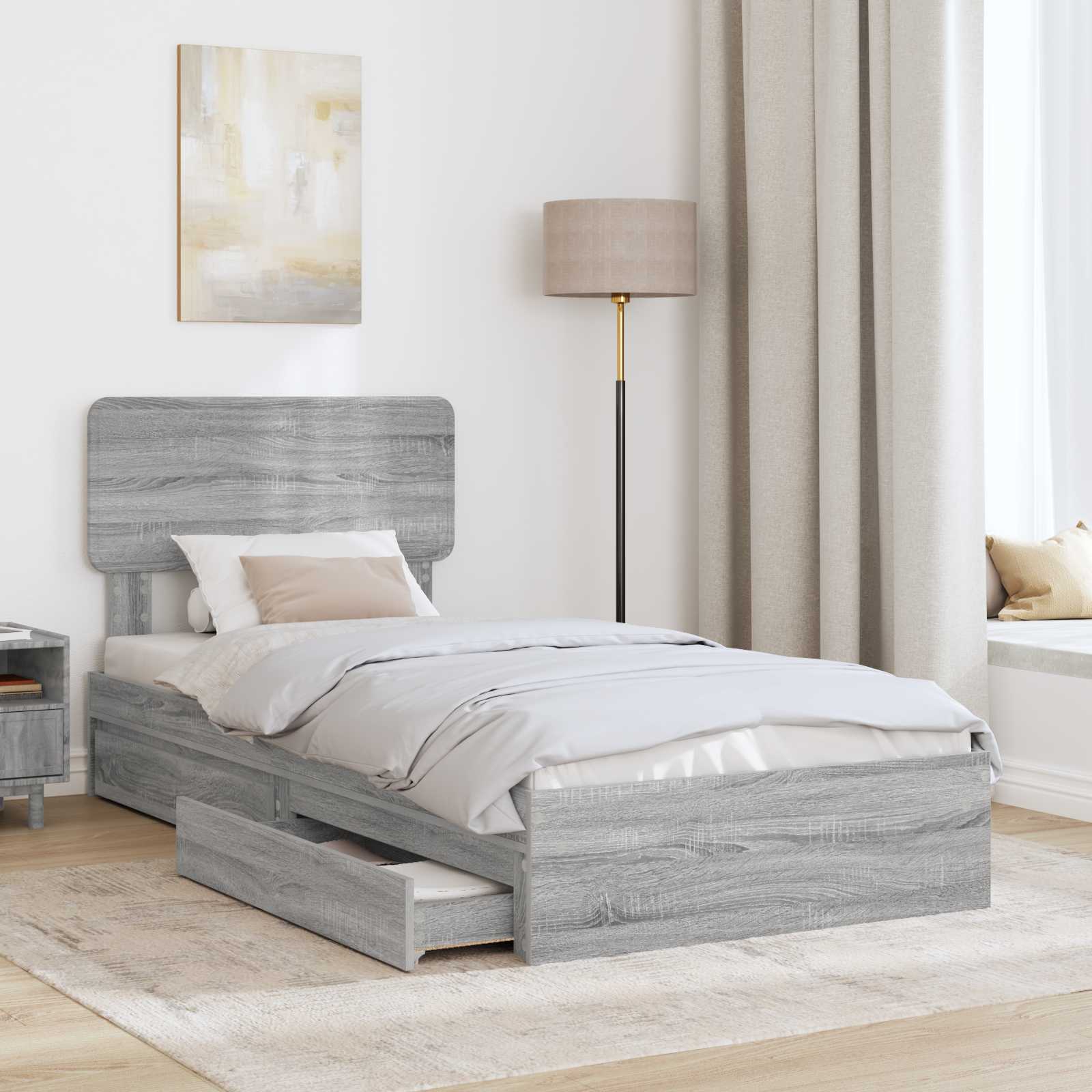 Cama con almacenamiento con cabecera Gris Sonoma 90 x 200 cm