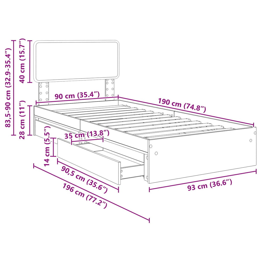 Cama con almacenamiento Negro 90 x 190 cm Madera de ingeniería