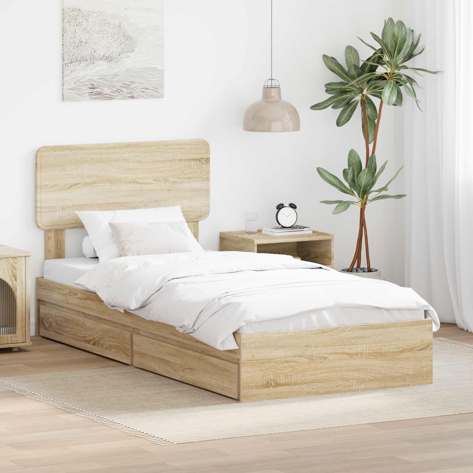Cama con almacenamiento con cabecera Roble Sonoma 90 x 190 cm